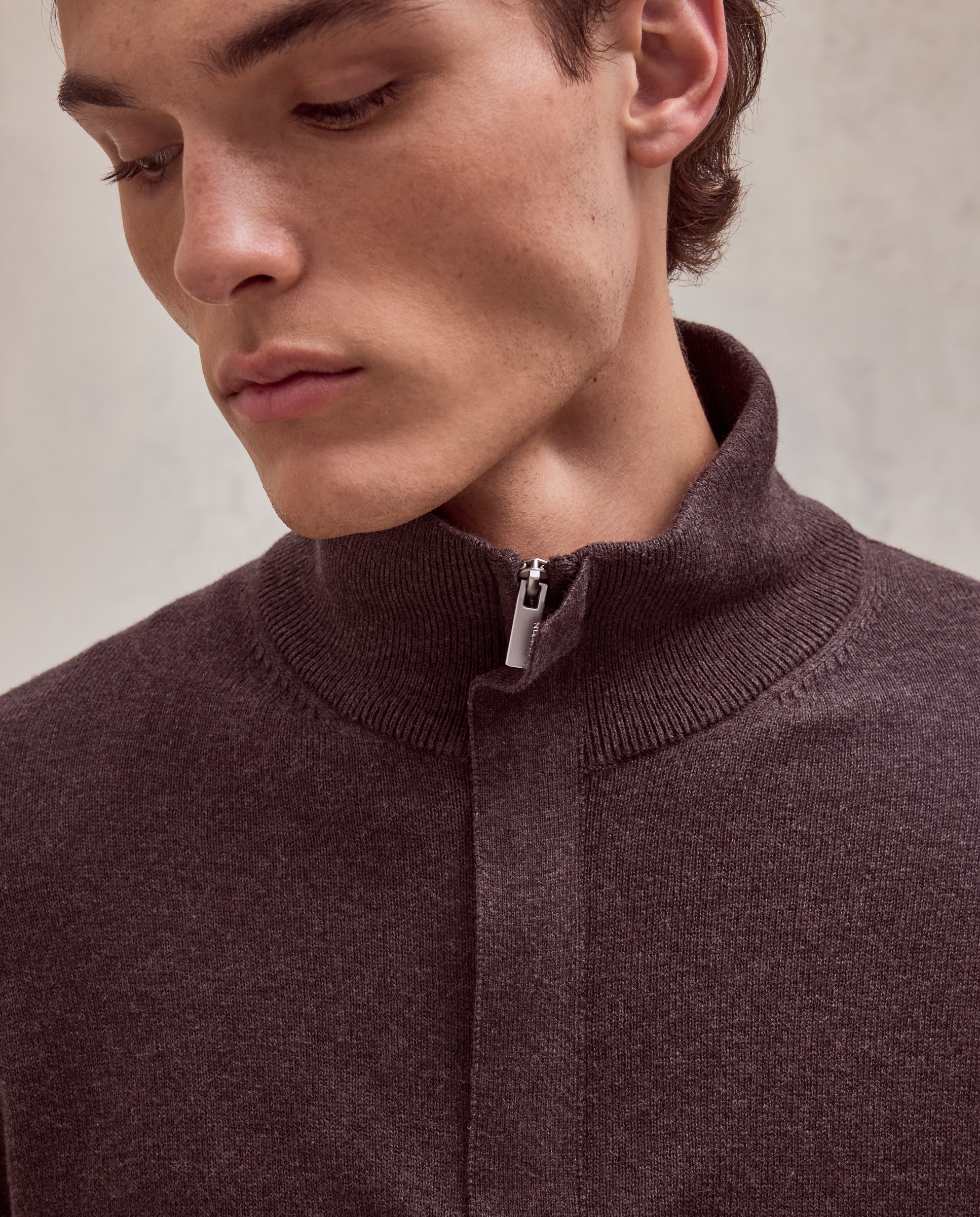 Jersey media cremallera liso algodón - Dustin - cashmere de hombre - Marrón oscuro Marrón oscuro-4