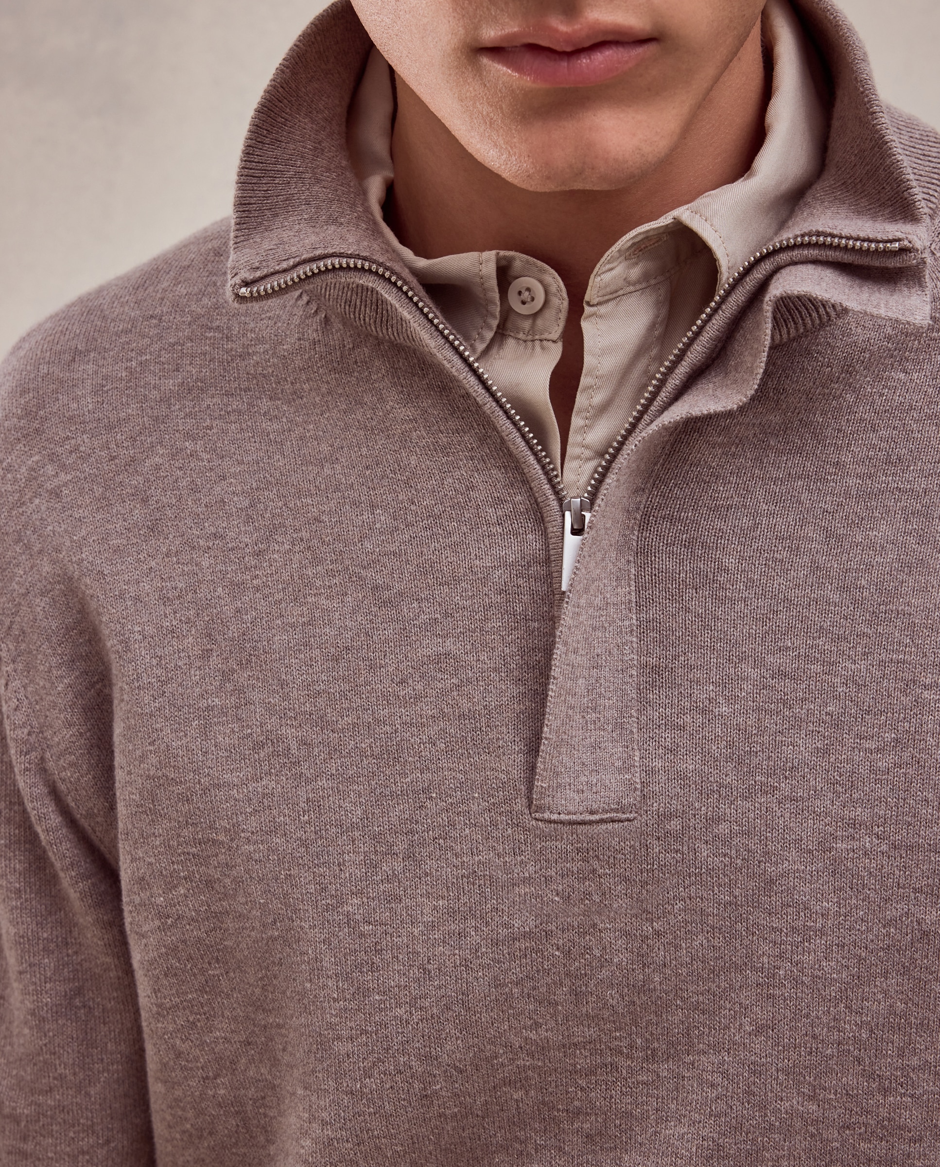 Jersey media cremallera liso algodón - Dustin - cashmere de hombre - Marrón claro Marrón claro-4