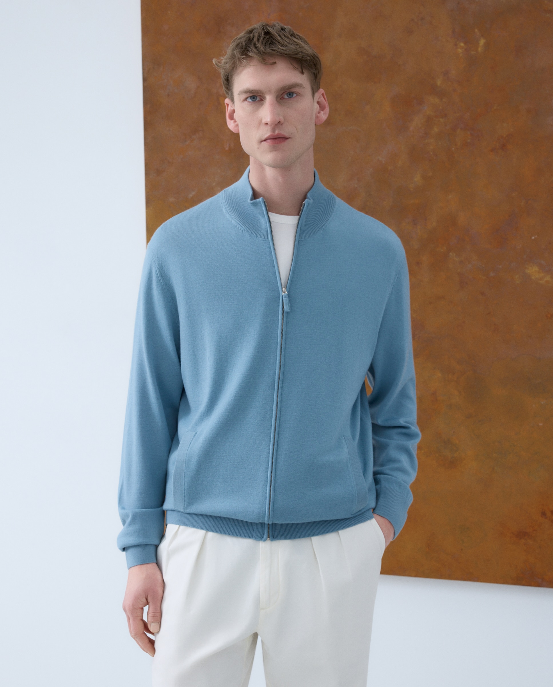 Cardigan Liso 100% Lã Merino com Fecho de Correr Azul-claro-1