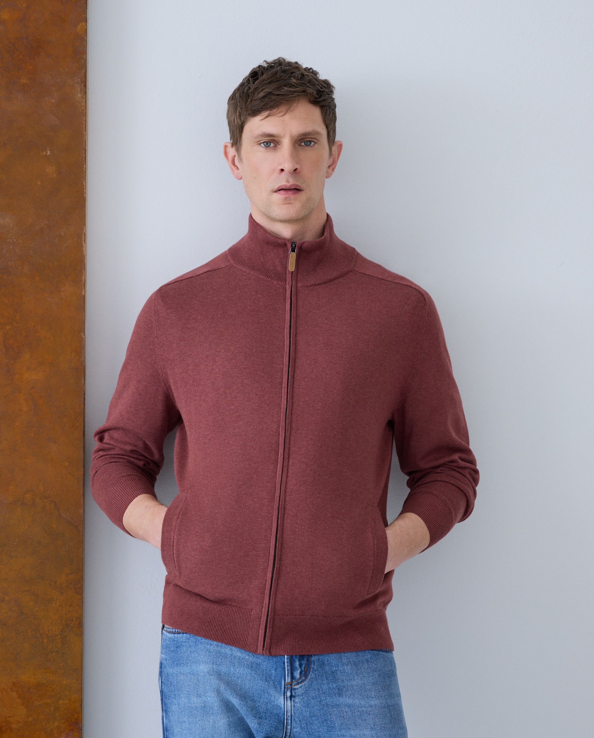 Imagem 0 de Cardigan Liso de Algodão e Seda com Gola Semicisne e Fecho de Correr