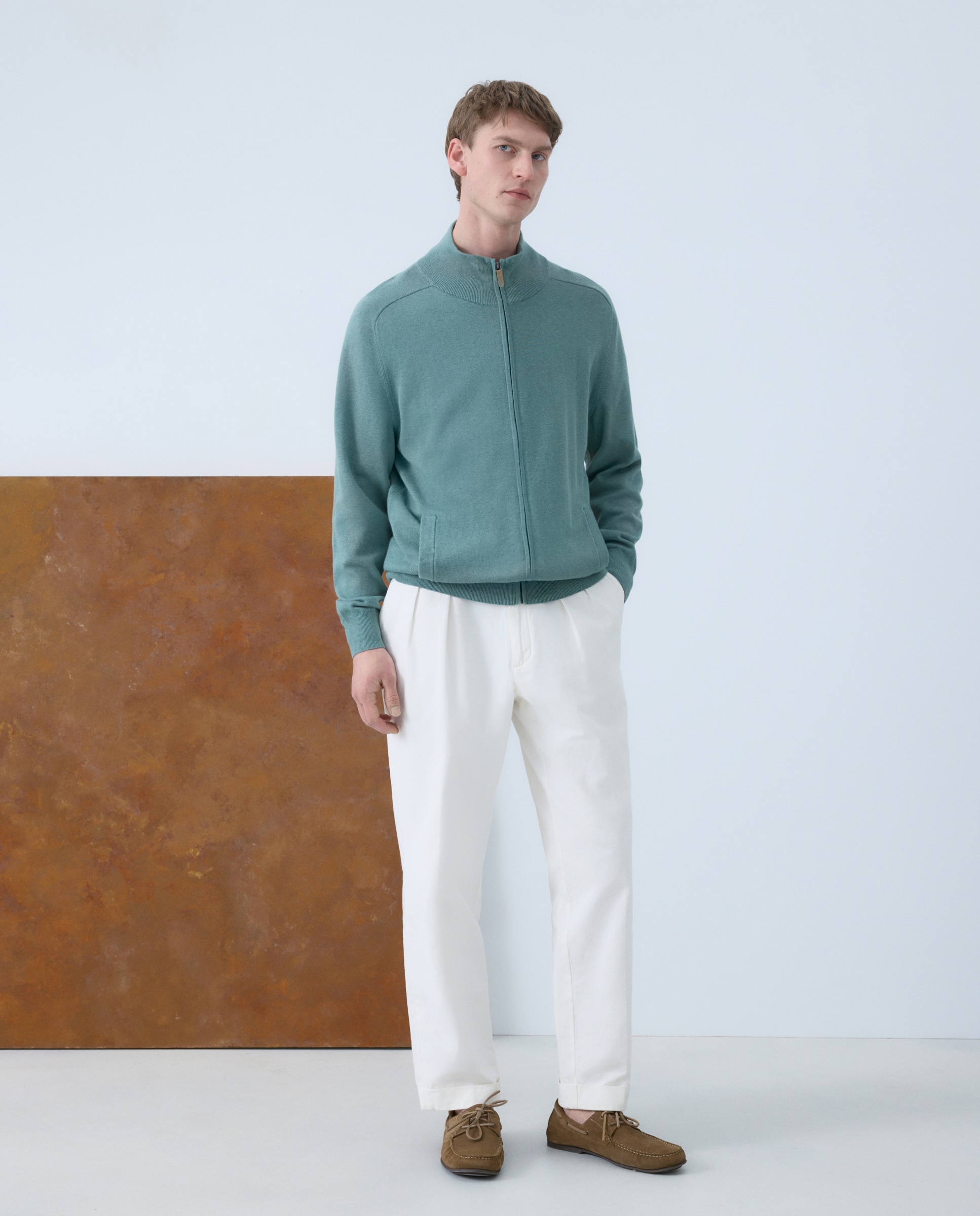 Imagen 0 de Cardigan de hombre de c/semicisne cremallera liso algodón seda Verde