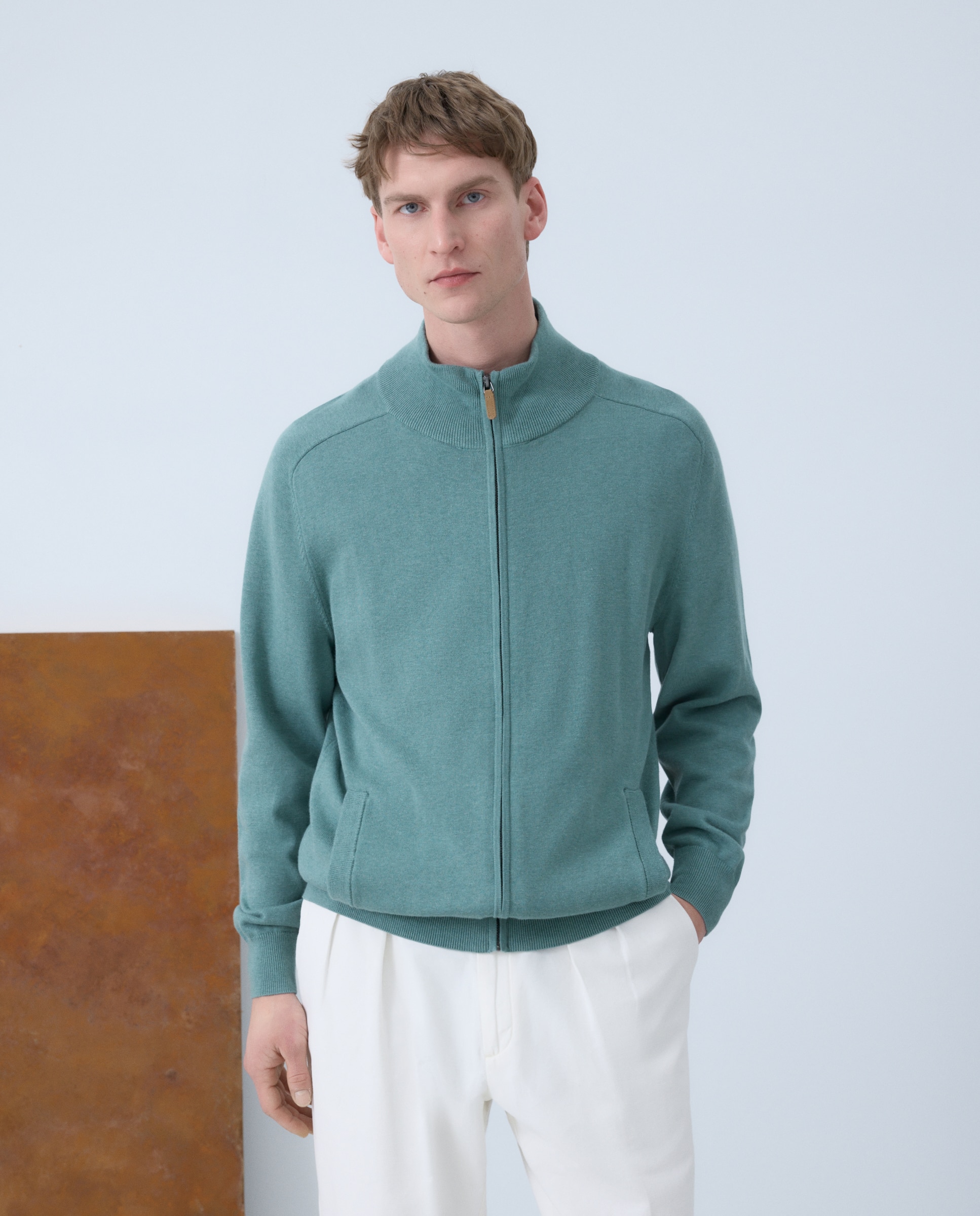 Cardigan de hombre de c/semicisne cremallera liso algodón seda - Emidio Tucci - Azul Verde-2