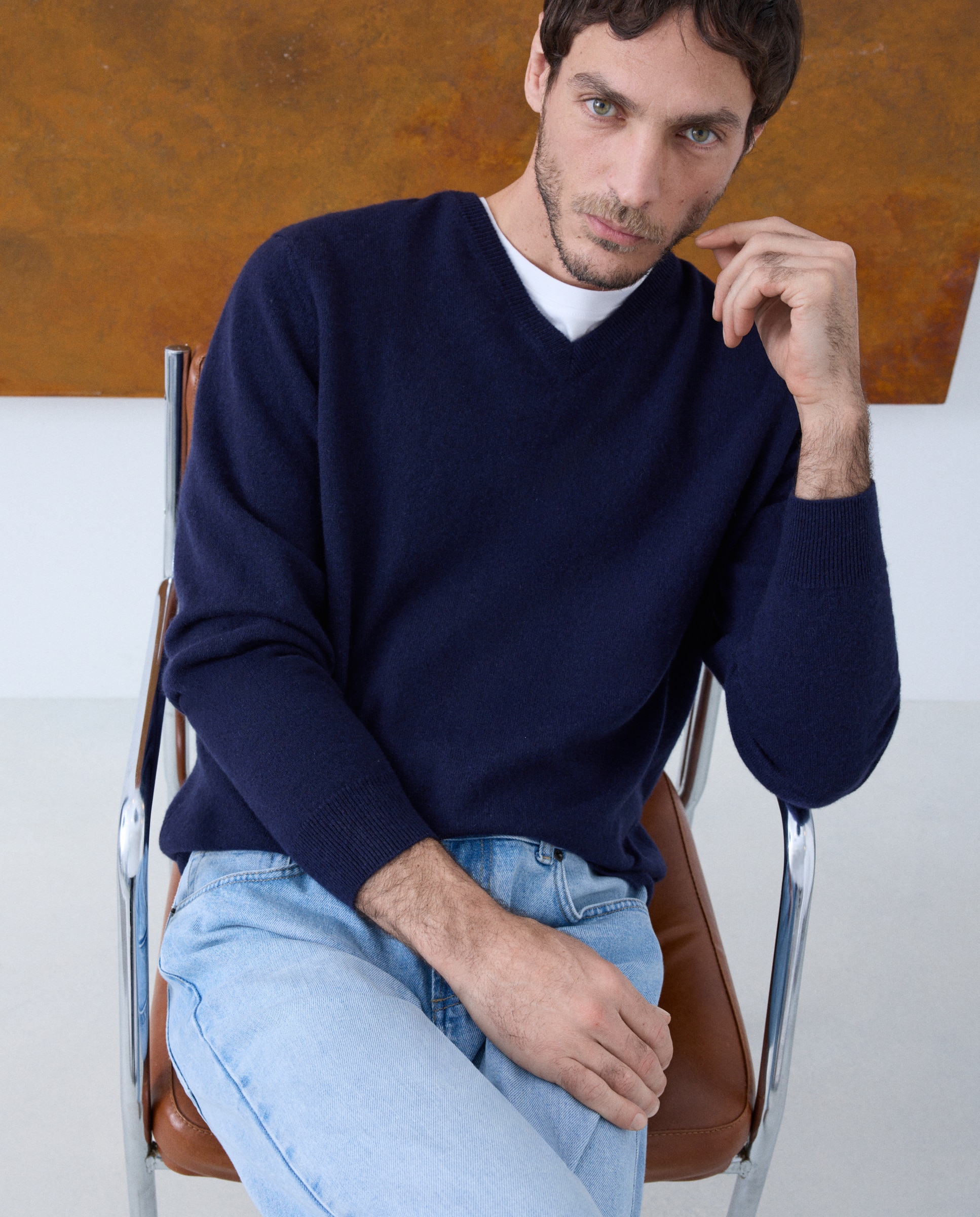 Jersey de hombre de cuello pico liso cashmere - Emidio Tucci - Azul marino Azul marino-1