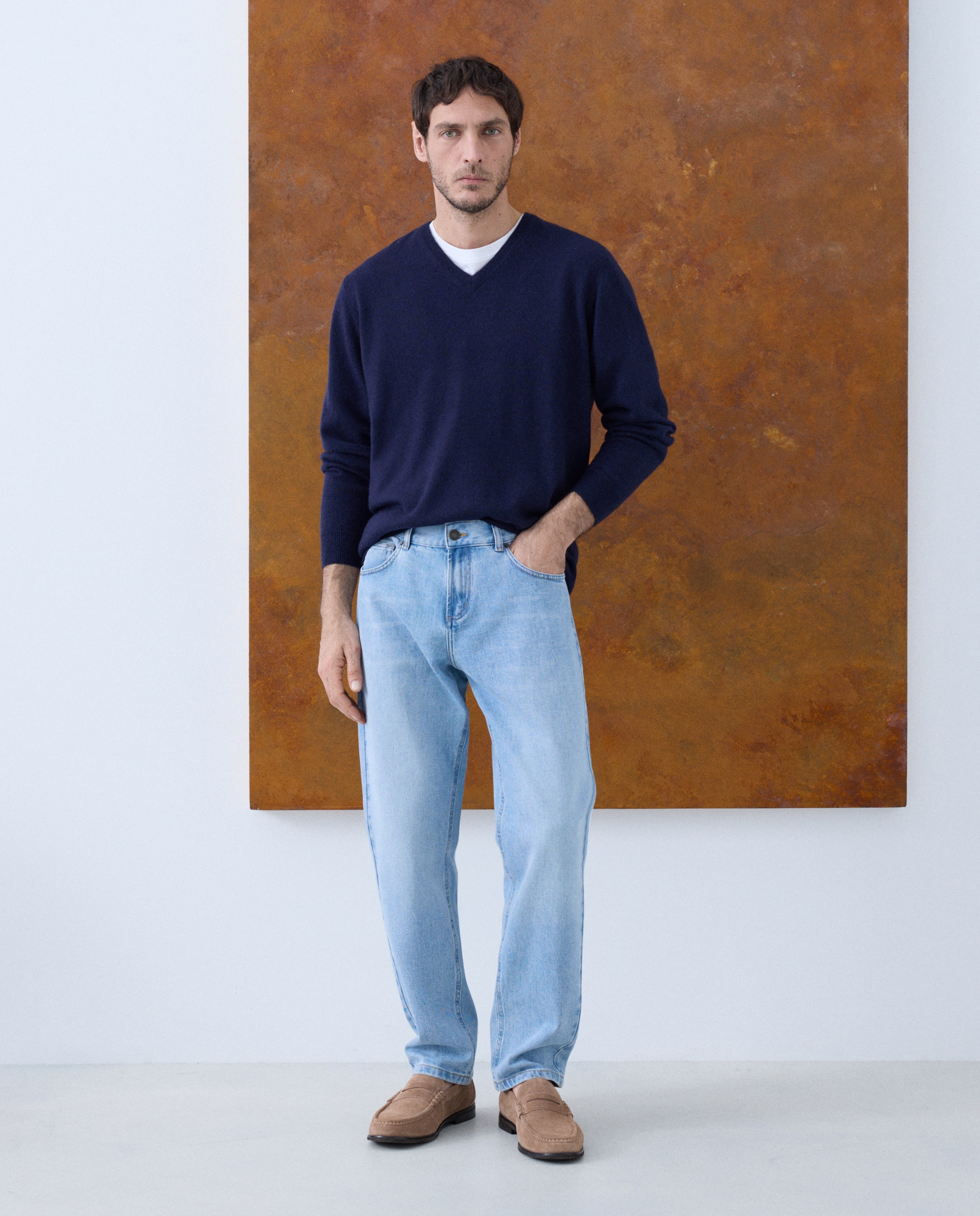 Jersey de hombre de cuello pico liso cashmere - Emidio Tucci - Azul marino Azul marino-3