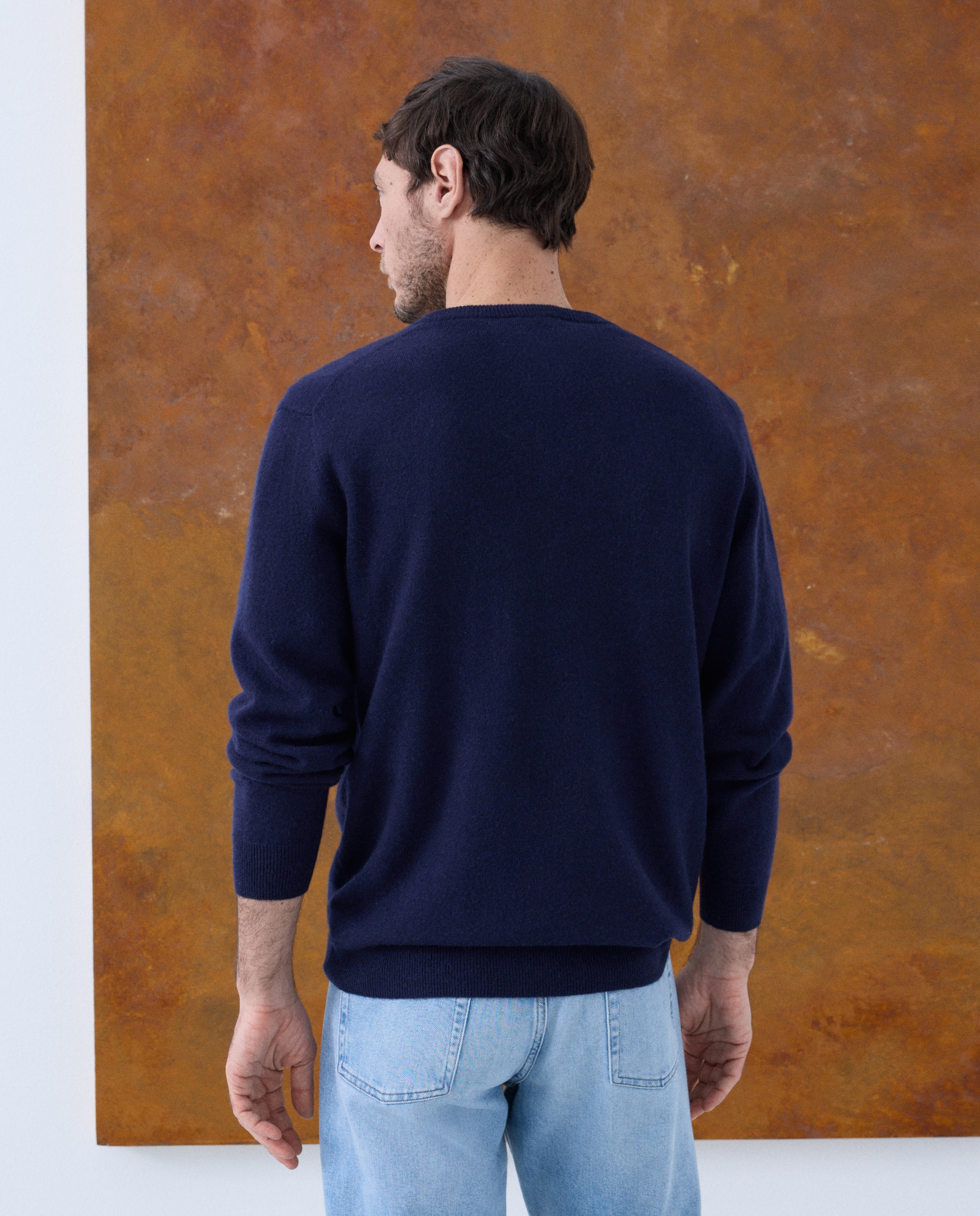 Jersey de hombre de cuello pico liso cashmere - Emidio Tucci - Azul marino Azul marino-4