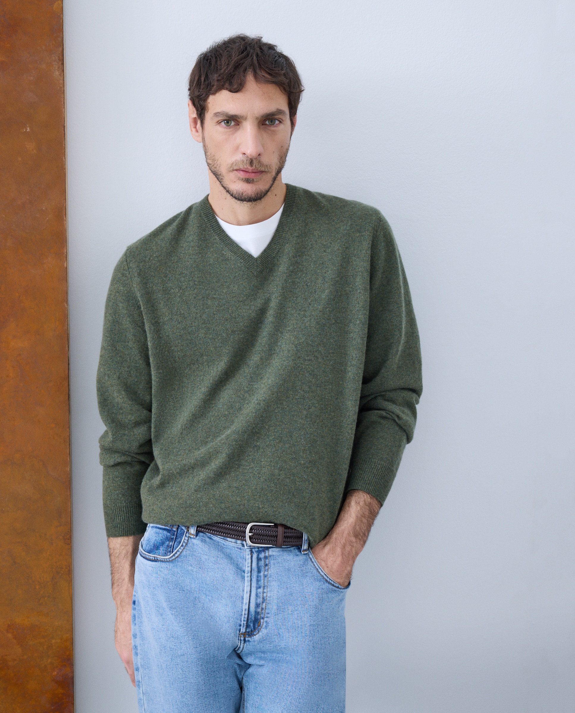 Jersey de hombre de cuello pico liso cashmere - Emidio Tucci - Kaki Kaki-1