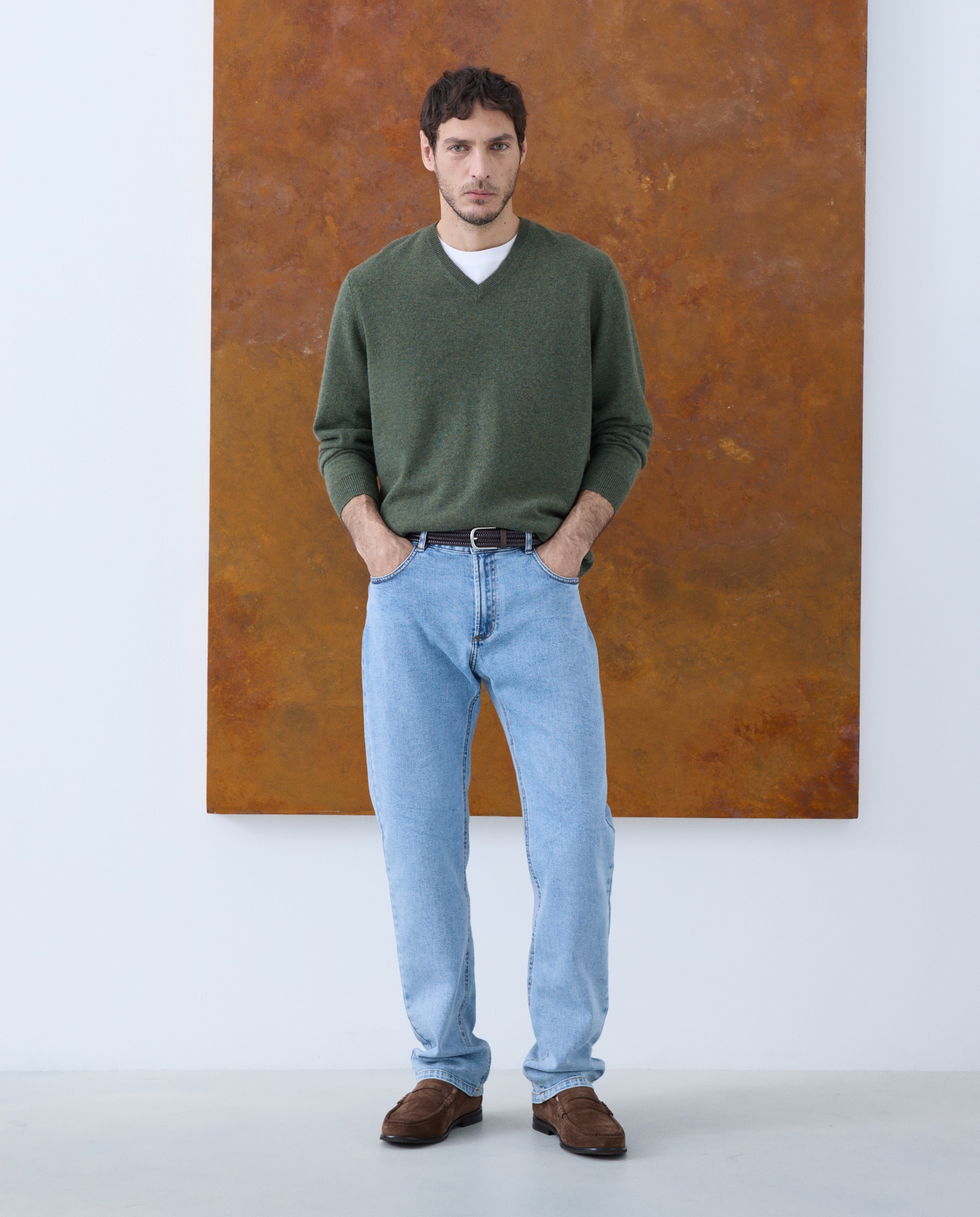 Jersey de hombre de cuello pico liso cashmere - Emidio Tucci - Kaki Kaki-2
