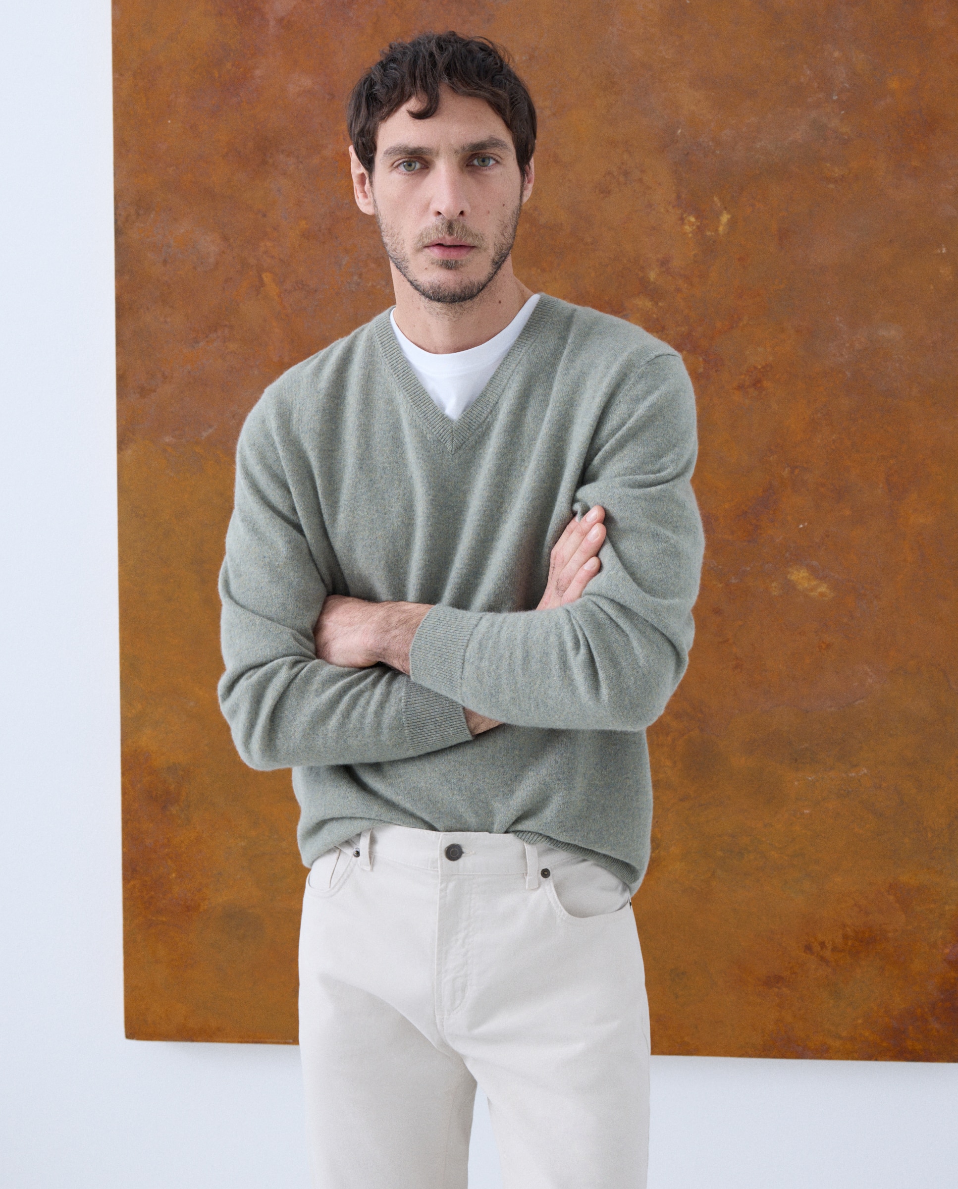 Jersey de hombre de cuello pico liso cashmere - Emidio Tucci - Verde claro Verde claro-1