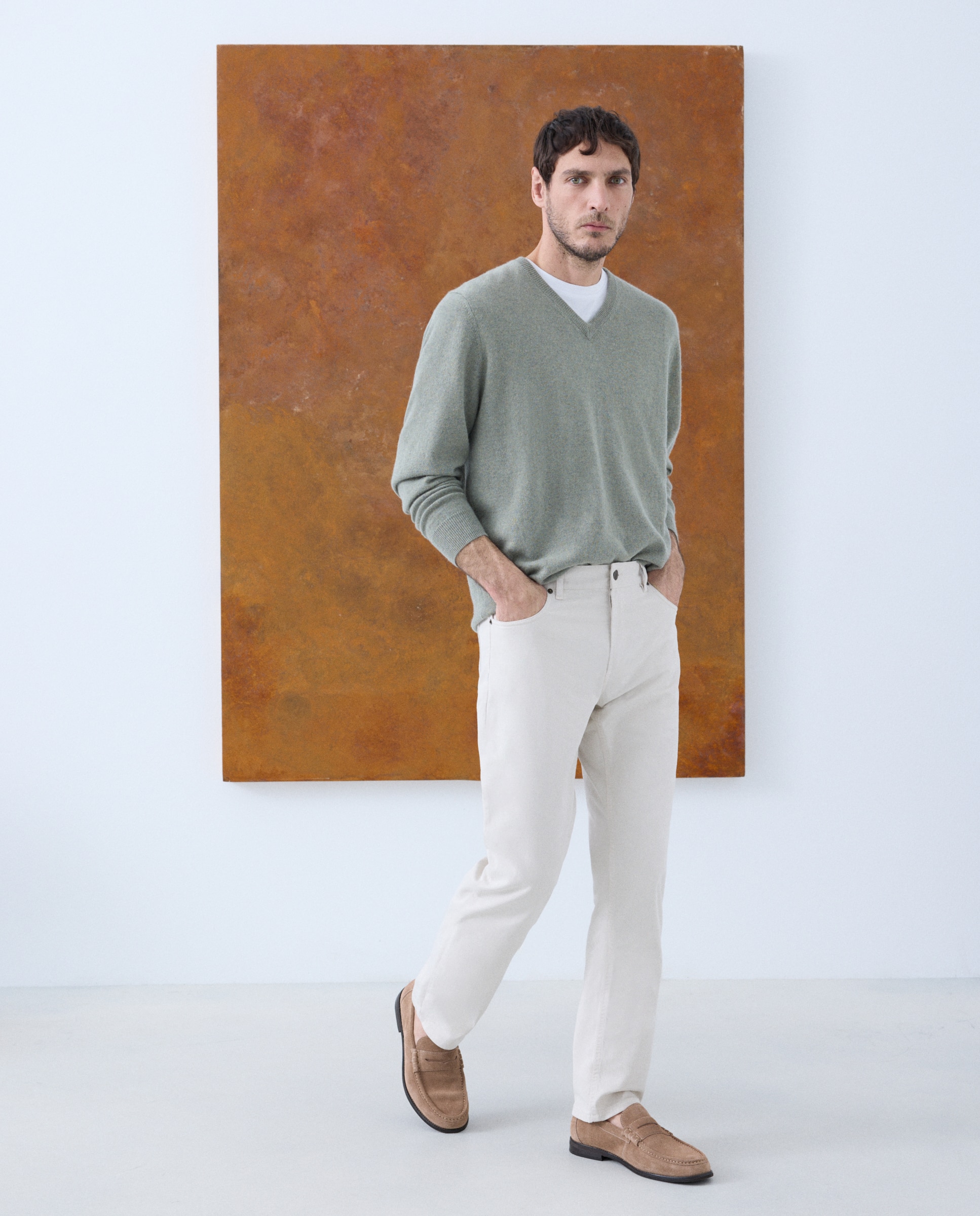 Jersey de hombre de cuello pico liso cashmere - Emidio Tucci - Verde claro Verde claro-2