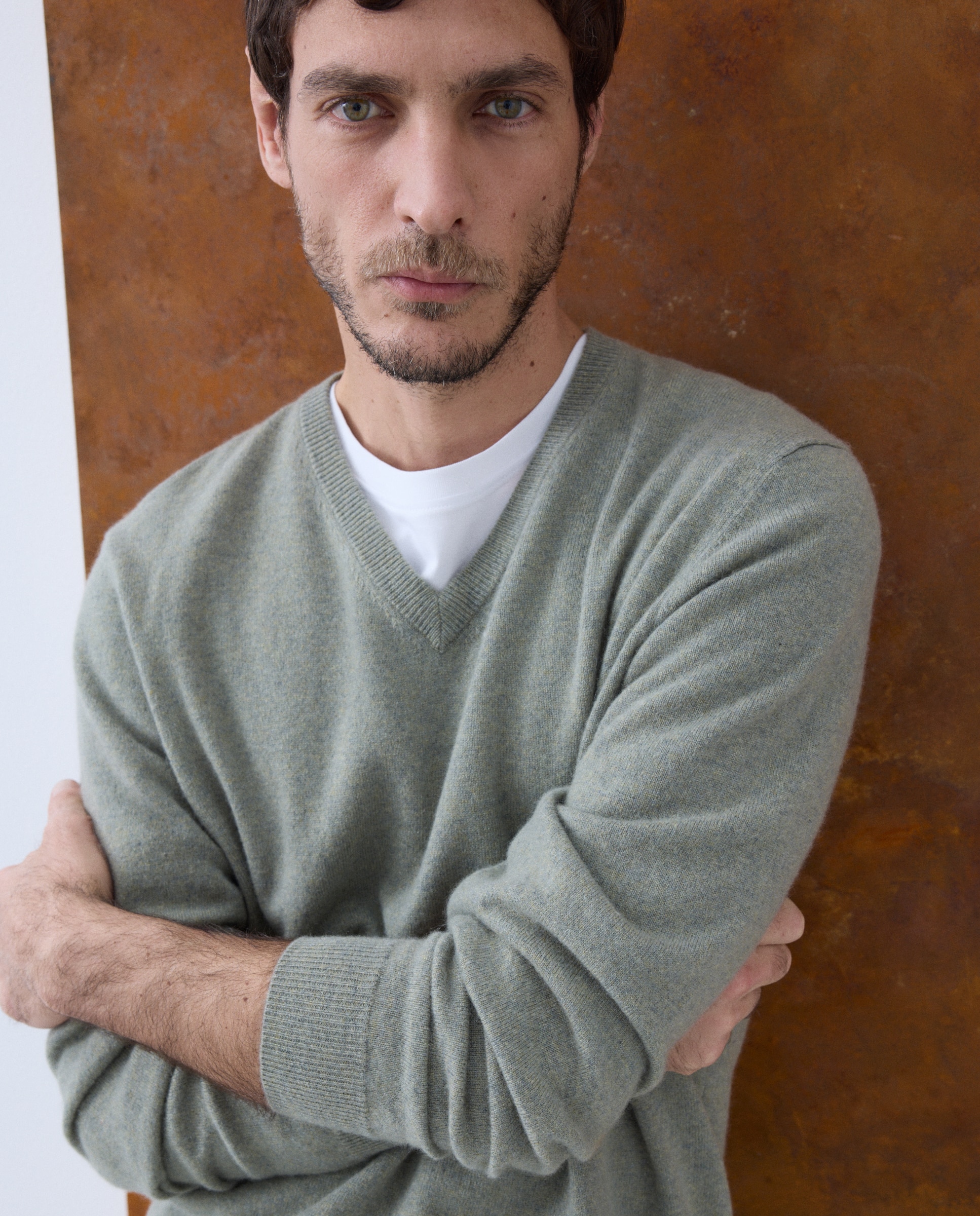 Jersey de hombre de cuello pico liso cashmere - Emidio Tucci - Verde claro Verde claro-3