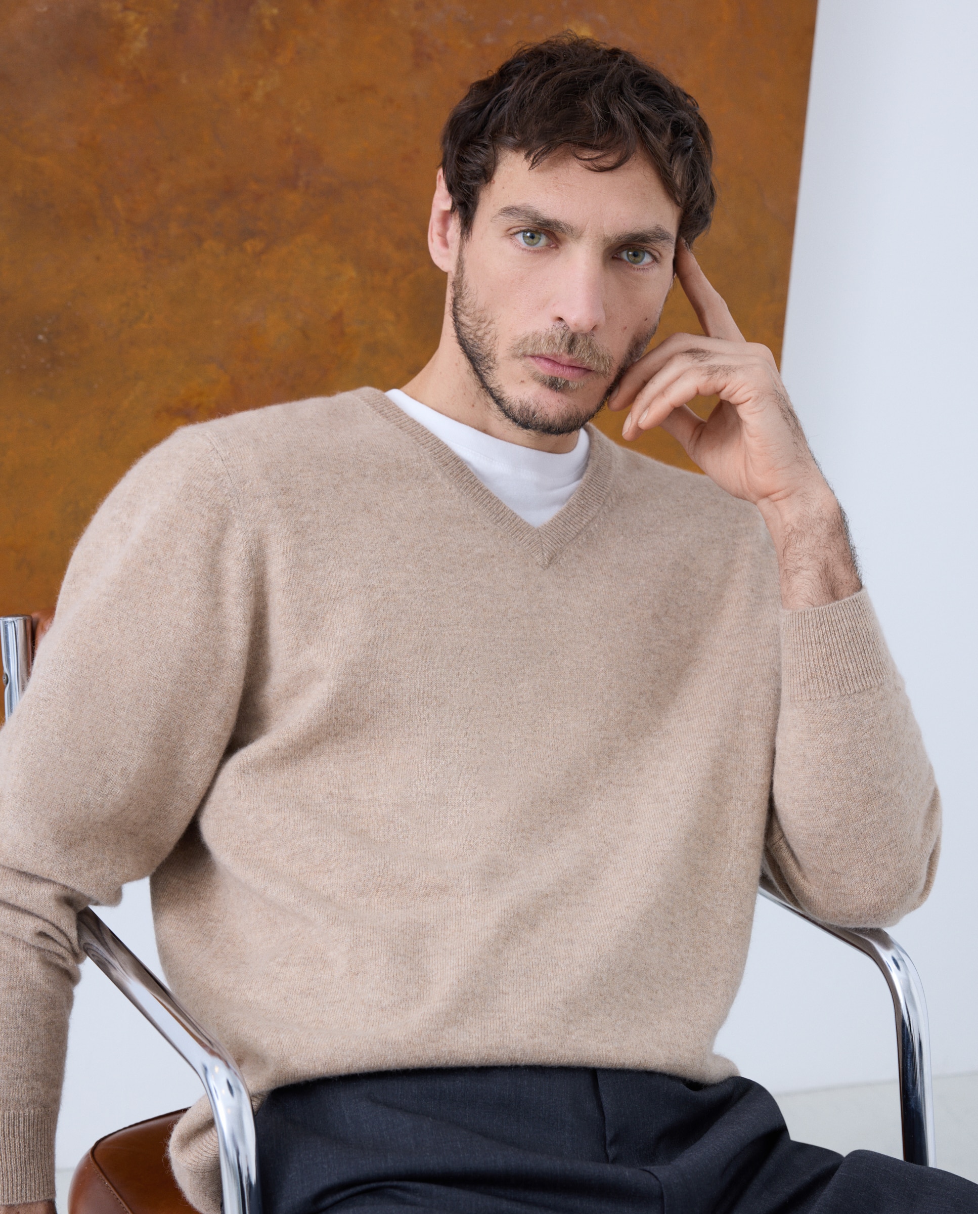 Jersey de hombre de cuello pico liso cashmere - Emidio Tucci - Beige Beige-1