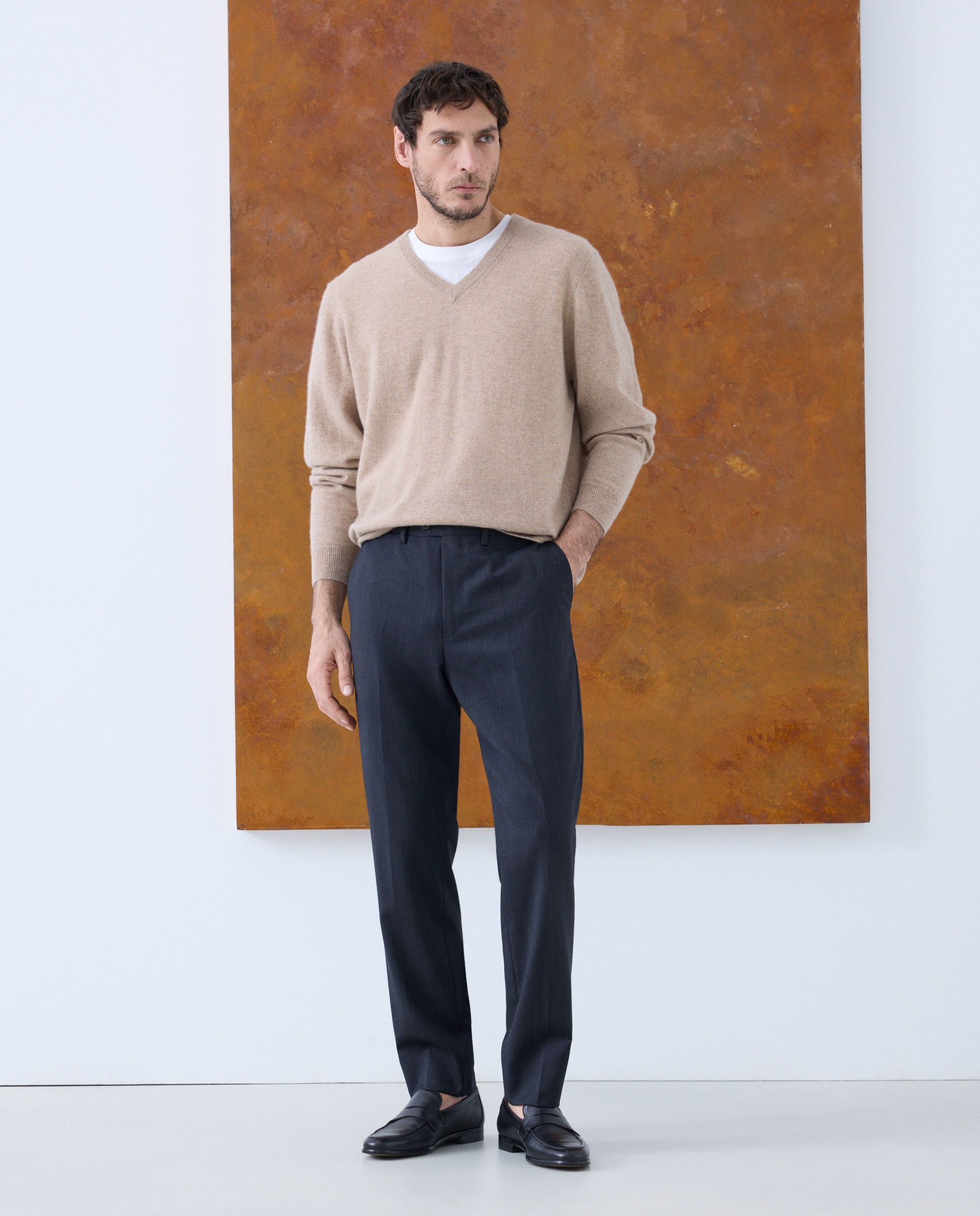 Jersey de hombre de cuello pico liso cashmere - Emidio Tucci - Beige Beige-2