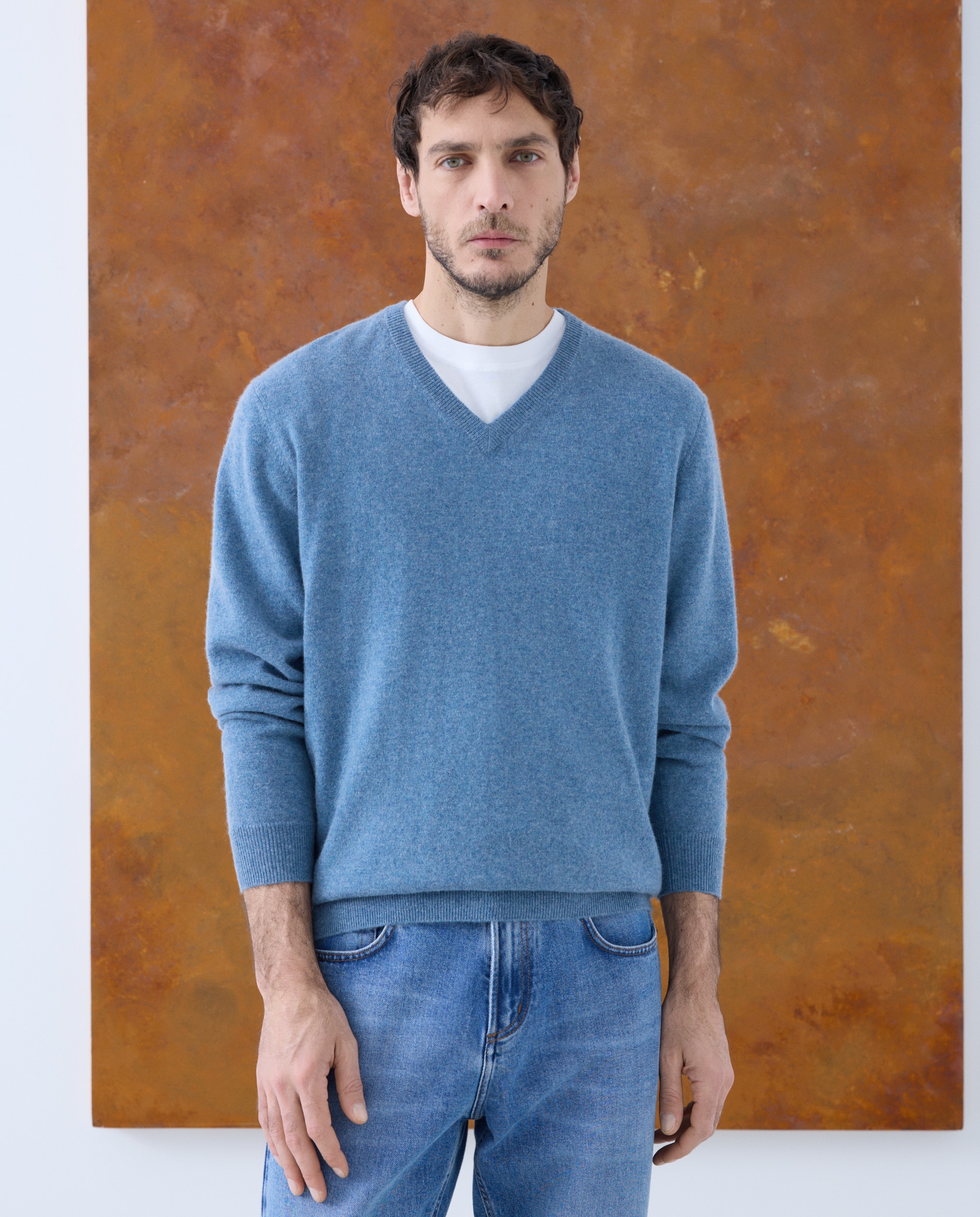 Jersey de hombre de cuello pico liso cashmere - Emidio Tucci - Azul Azul-1