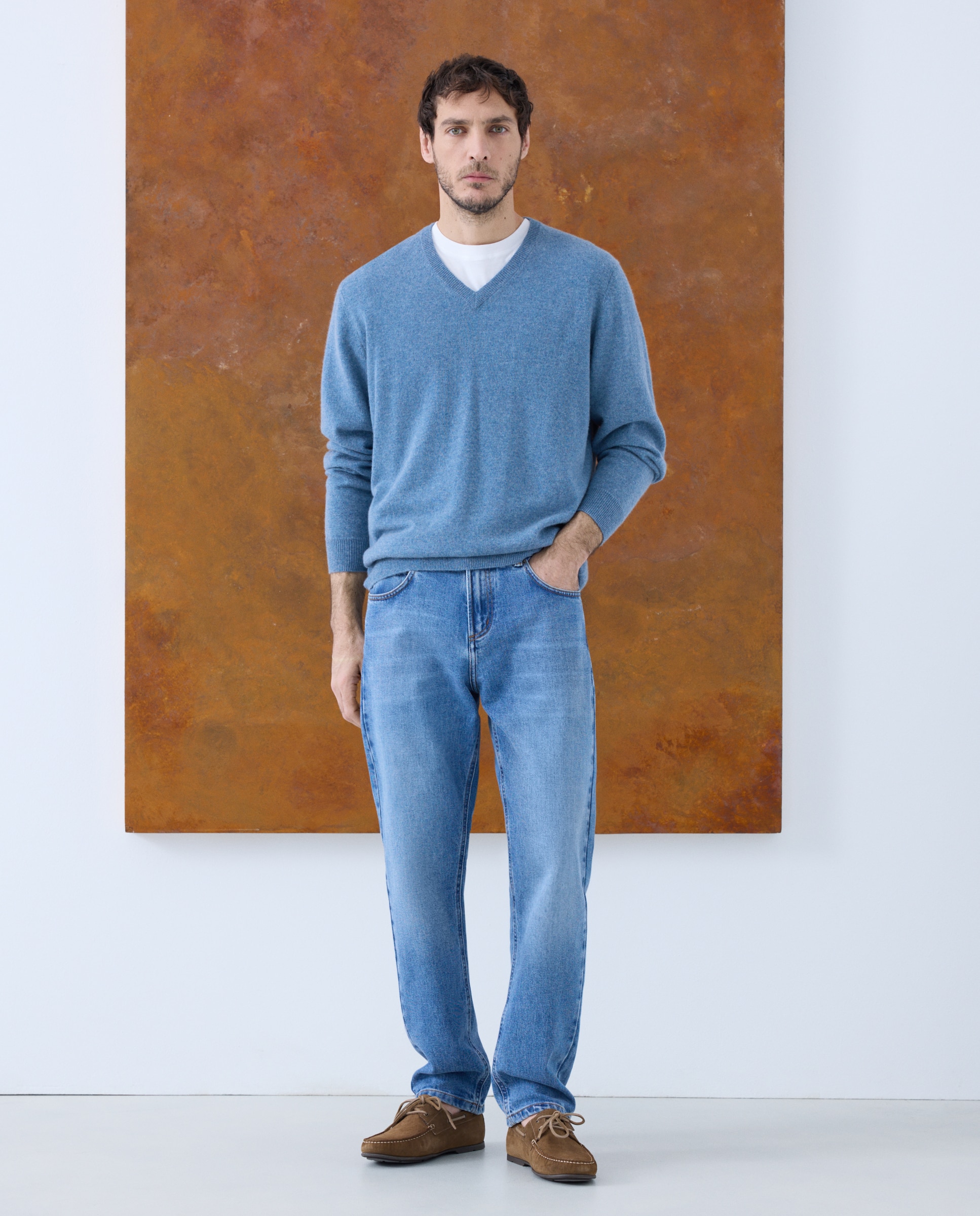 Jersey de hombre de cuello pico liso cashmere - Emidio Tucci - Azul Azul-2