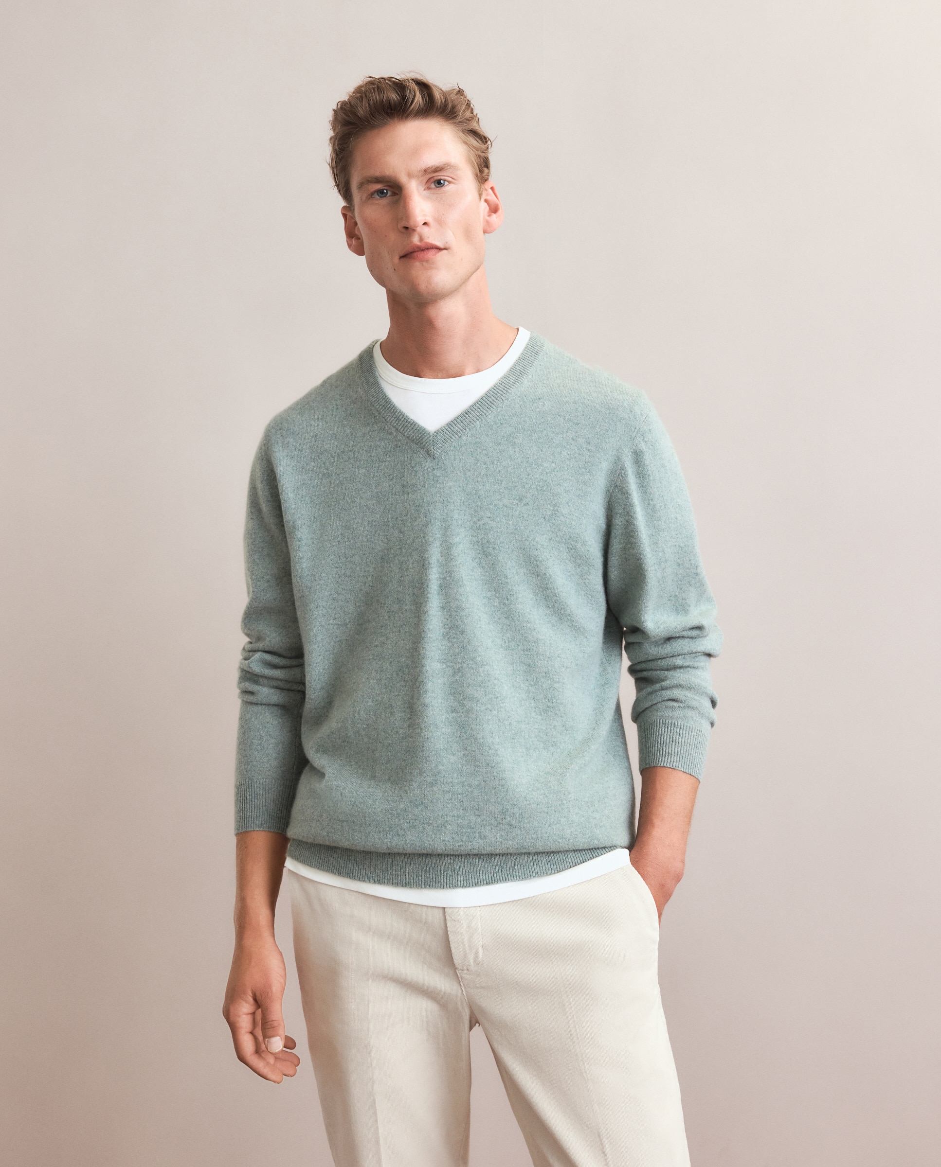 Camisola de Malha com Decote em Bico Liso de Caxemira Verde Água-2