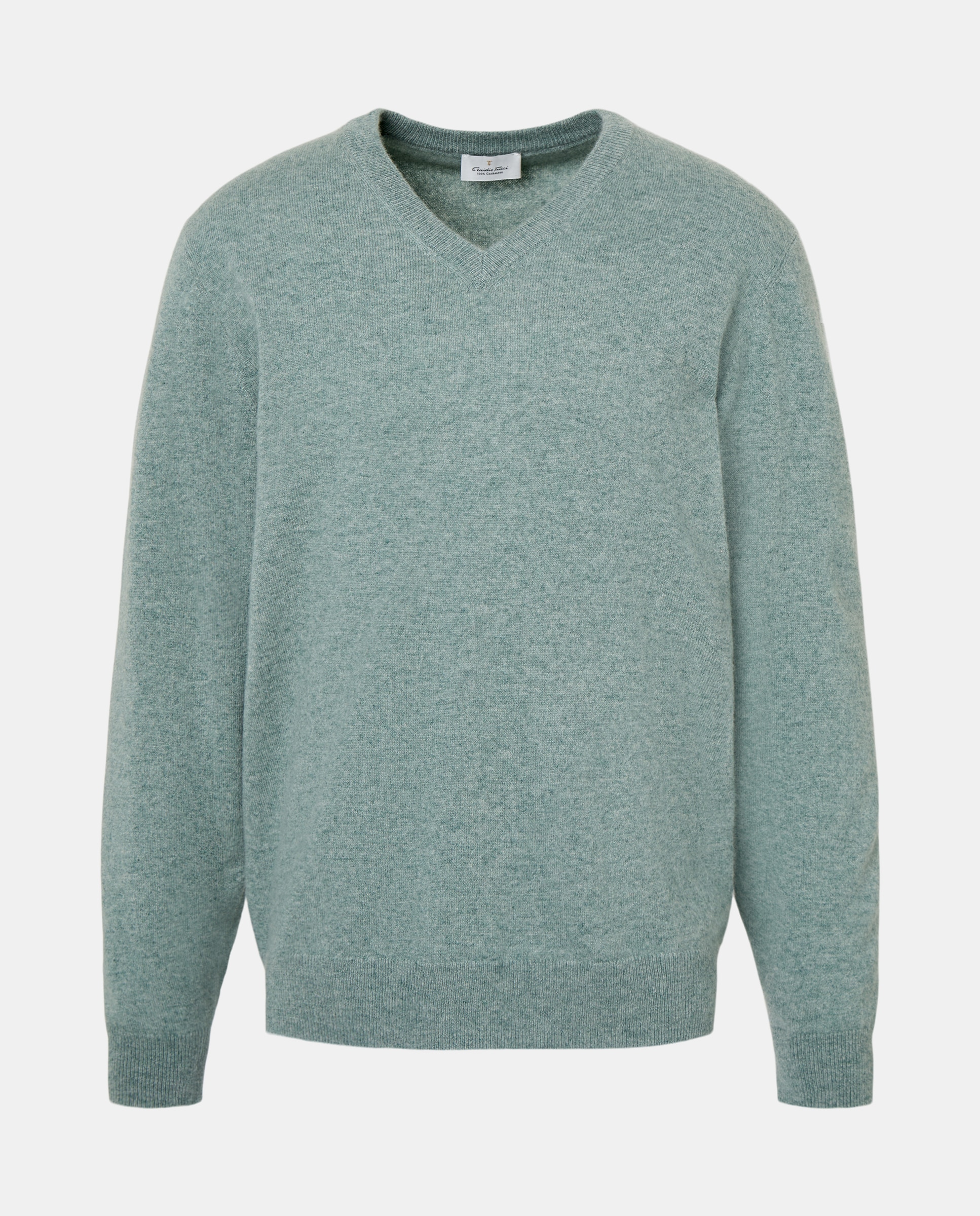 Camisola de Malha com Decote em Bico Liso de Caxemira Verde Água-5