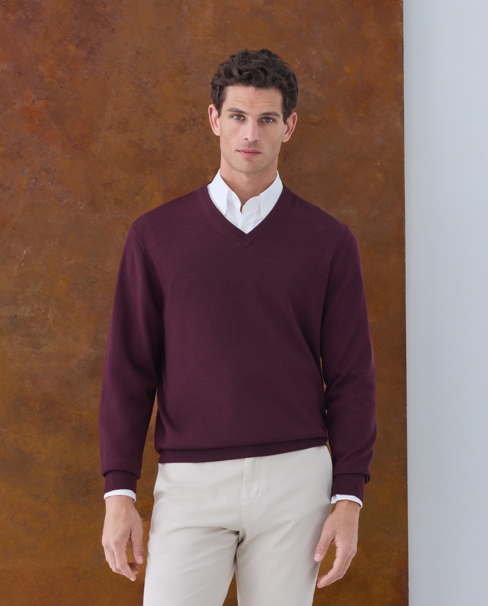 Jersey cuello pico lavable 100% lana merino de hombre - Emidio Tucci - Burdeos Burdeos-1