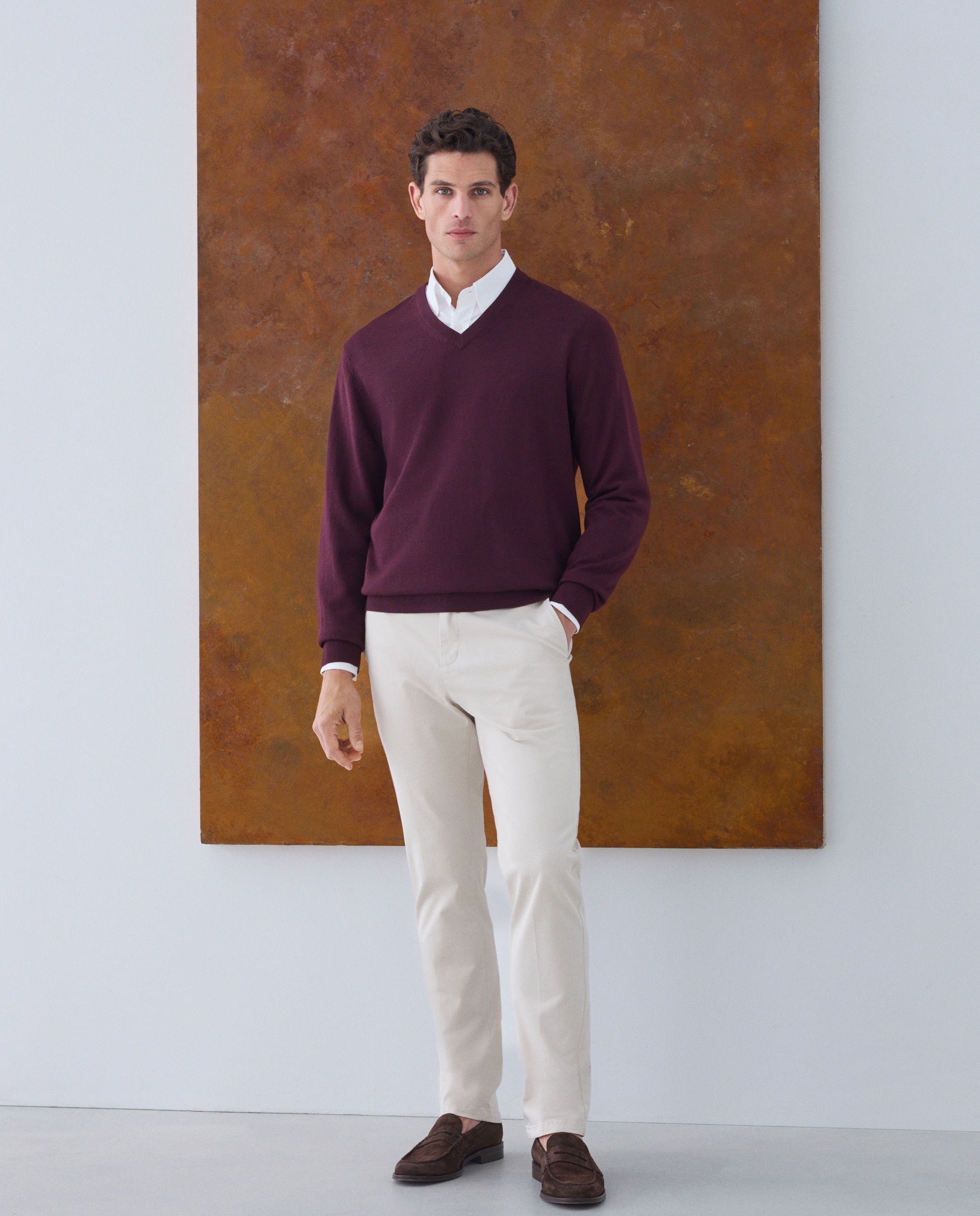 Jersey cuello pico lavable 100% lana merino de hombre - Emidio Tucci - Burdeos Burdeos-2
