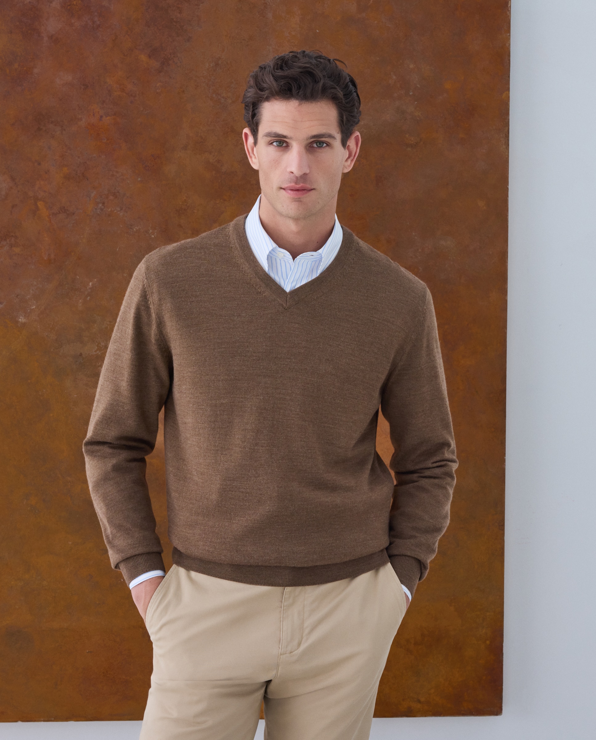 Jersey cuello pico lavable 100% lana merino de hombre - Emidio Tucci - Marrón claro Marrón claro-1