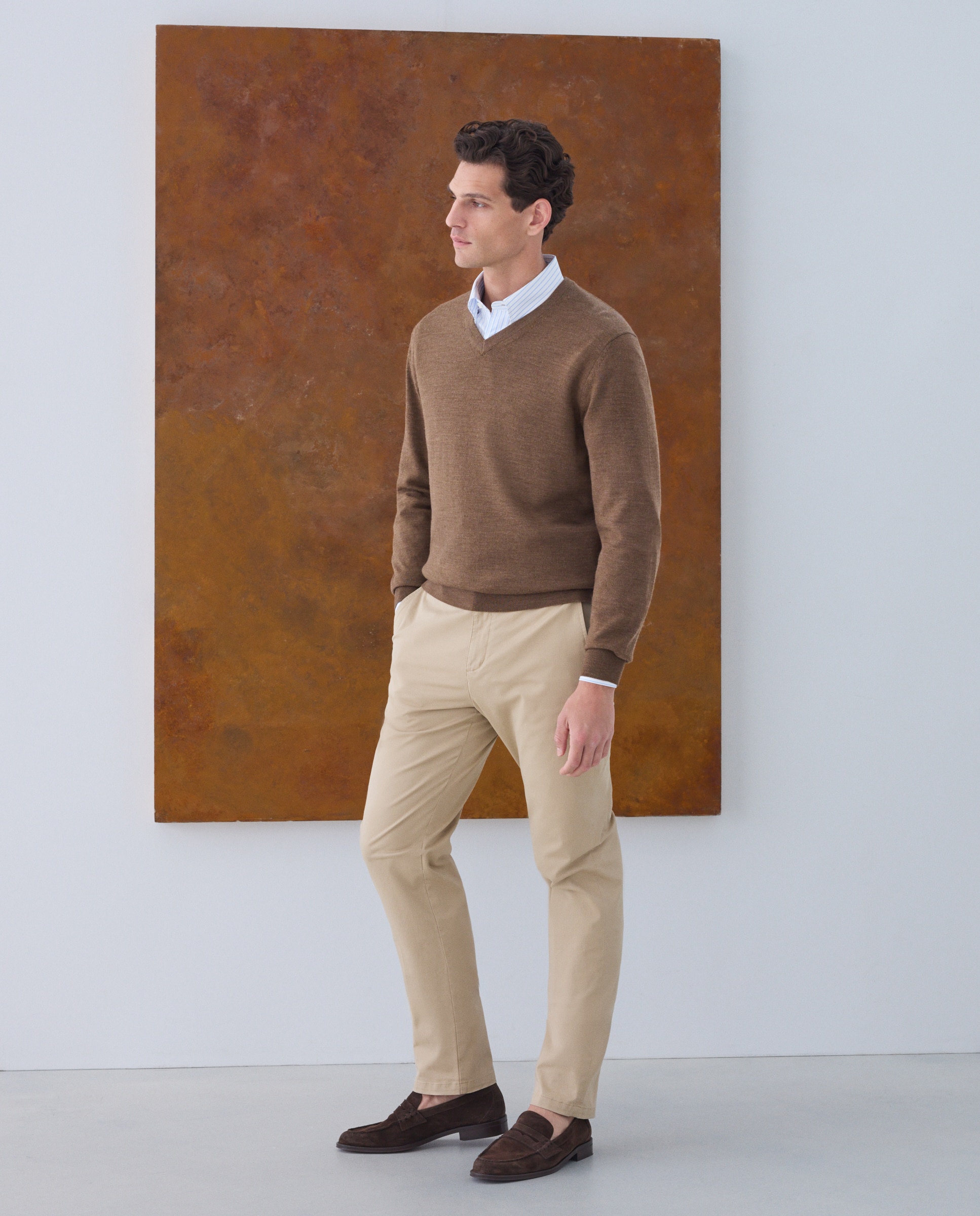 Jersey cuello pico lavable 100% lana merino de hombre - Emidio Tucci - Marrón claro Marrón claro-2