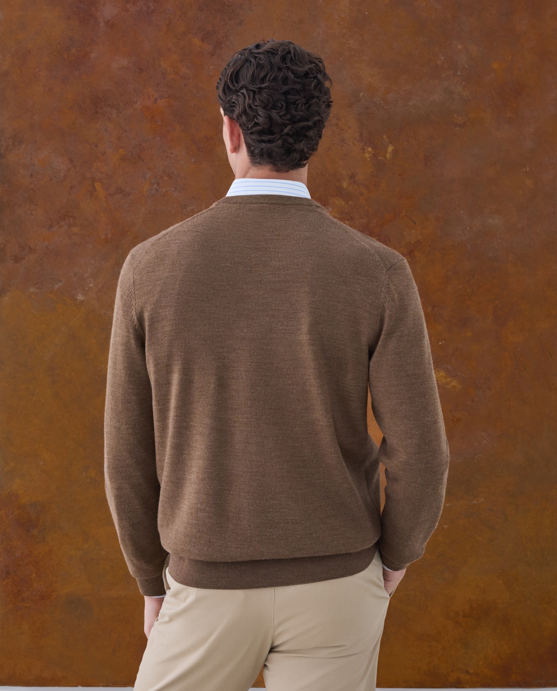 Jersey cuello pico lavable 100% lana merino de hombre - Emidio Tucci - Marrón claro Marrón claro-3