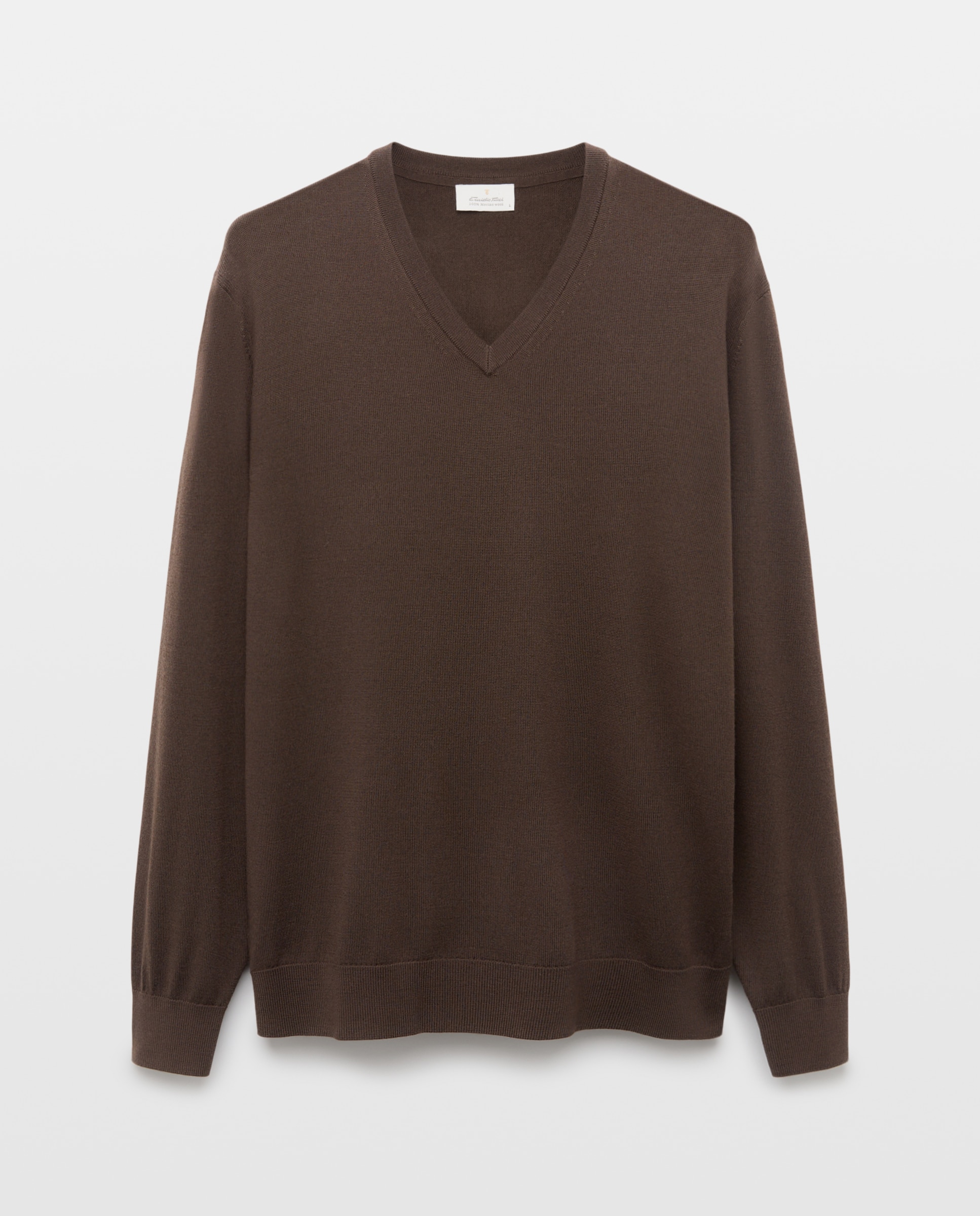 Camisola de Malha Lisa 100% Lã Merino com Decote em Bico Castanho-chocolate-4