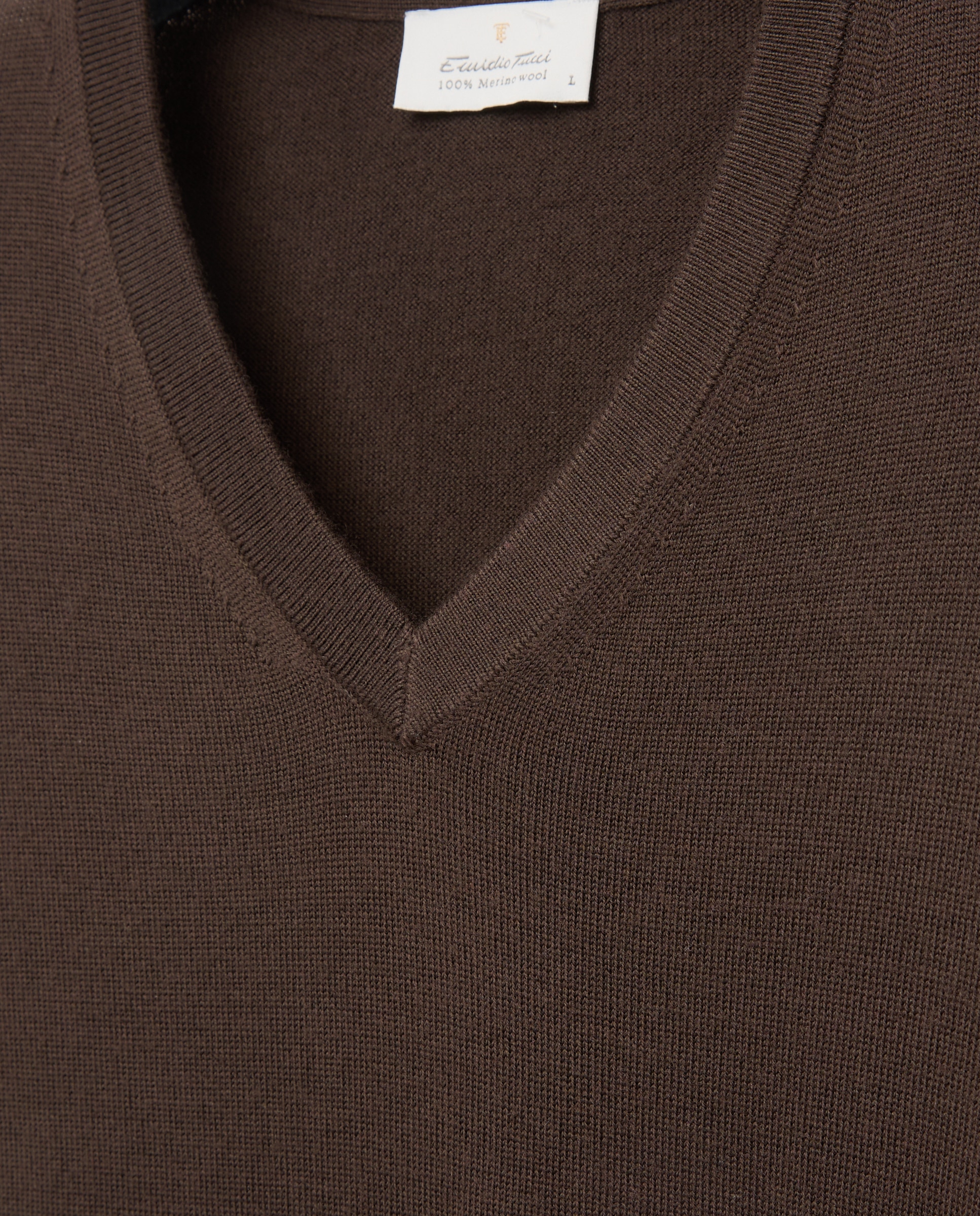 Camisola de Malha Lisa 100% Lã Merino com Decote em Bico Castanho-chocolate-5