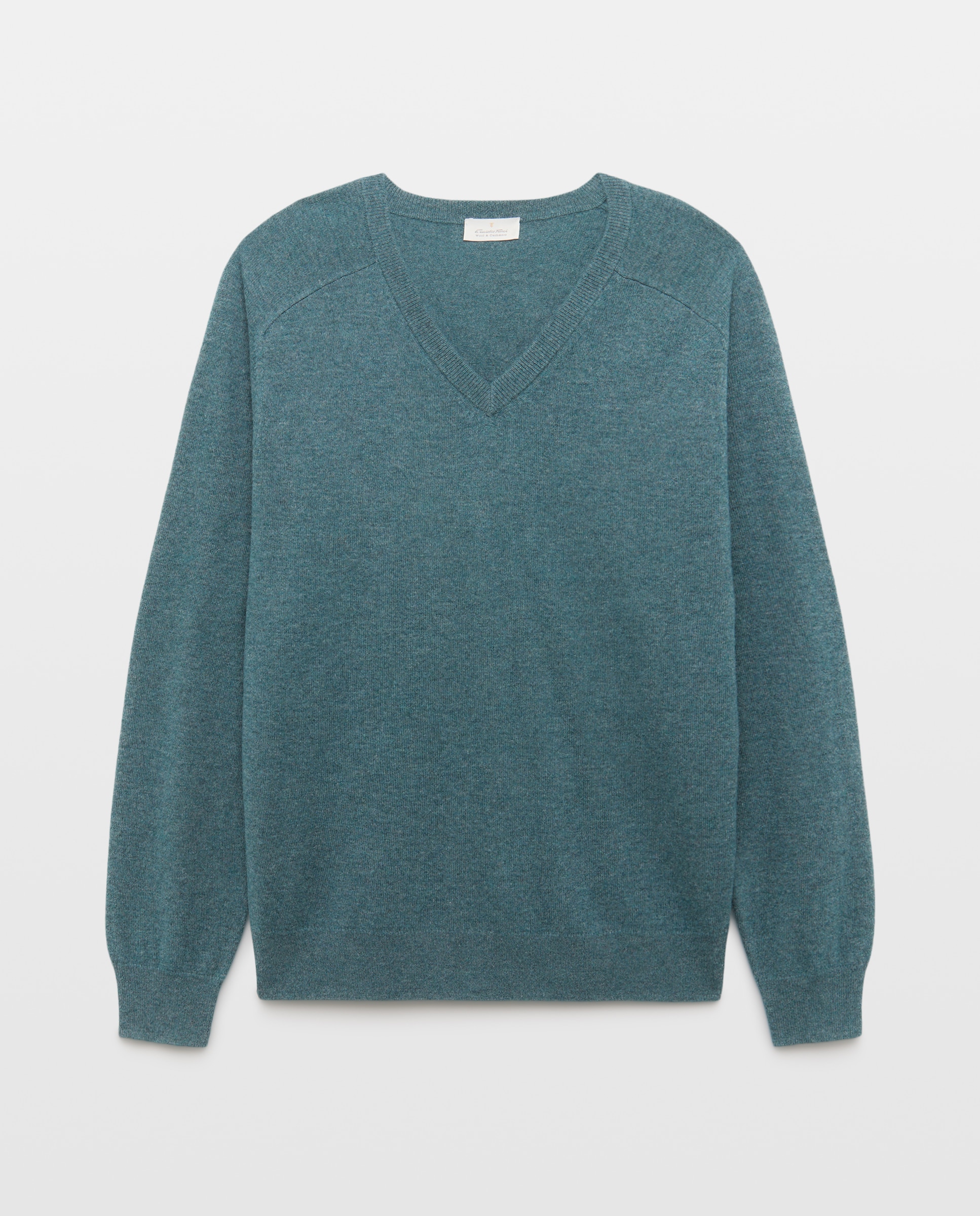 Camisola de Malha Lisa com Decote em Bico e em Lã e Caxemira Verde-1