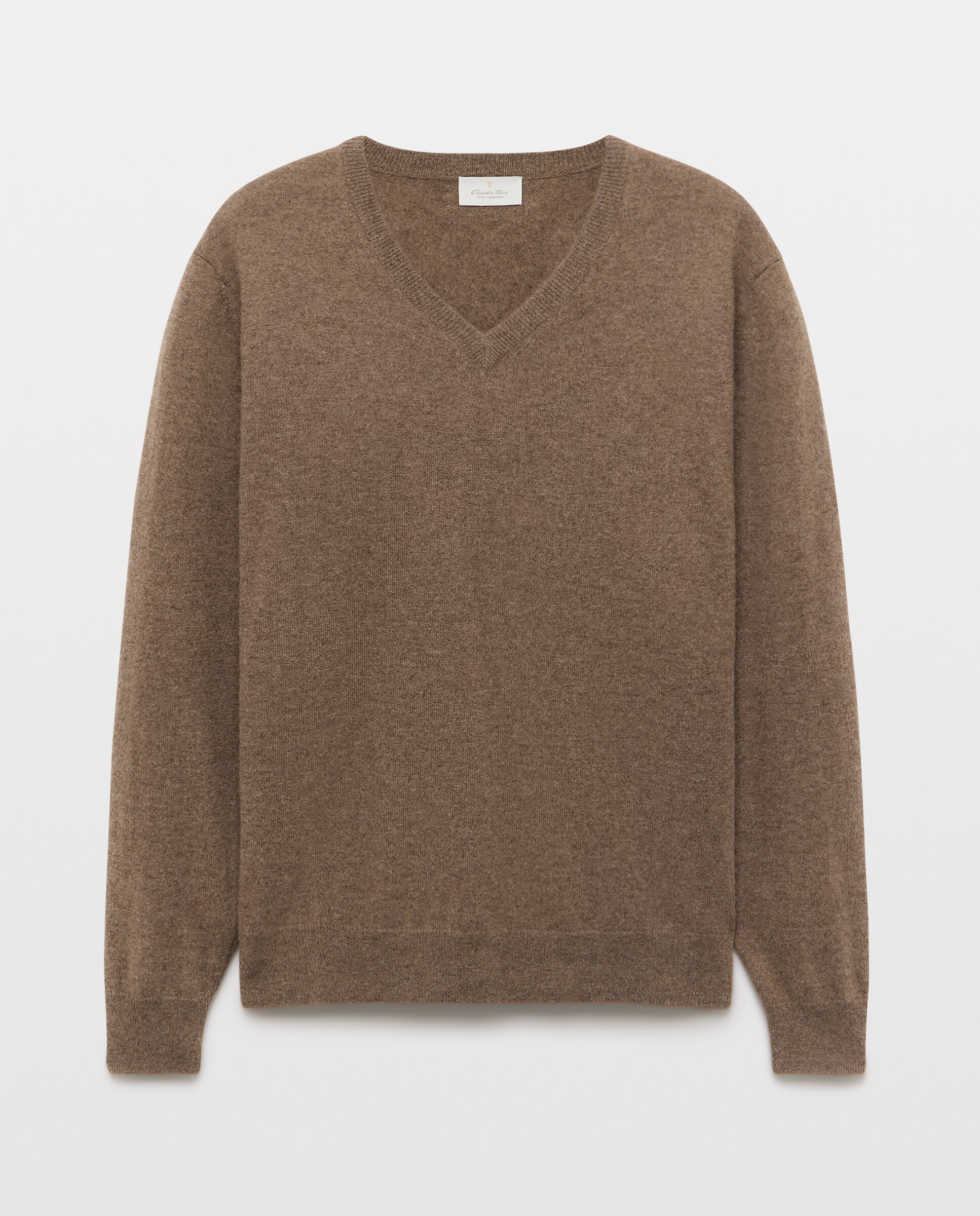 Jersey de hombre de cuello pico liso cashmere - Emidio Tucci - Marrón claro Marrón claro-4