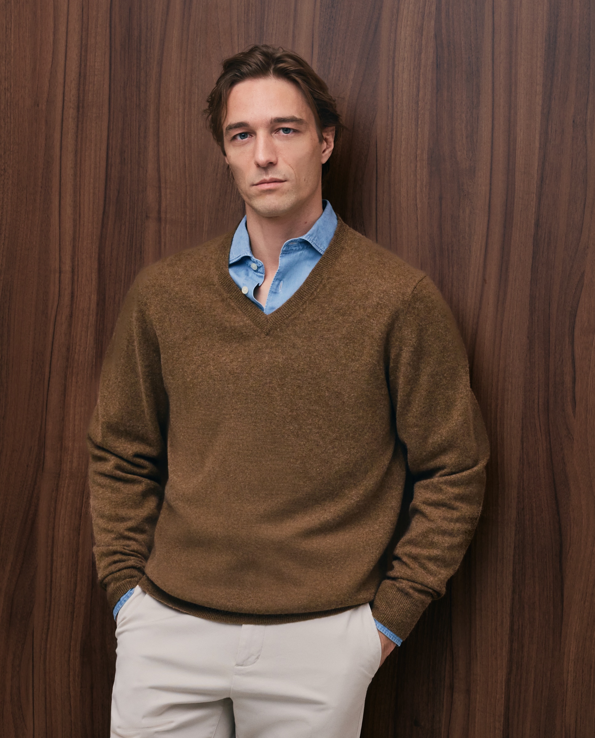 Jersey de hombre de cuello pico liso cashmere - Emidio Tucci - Marrón Marrón-1