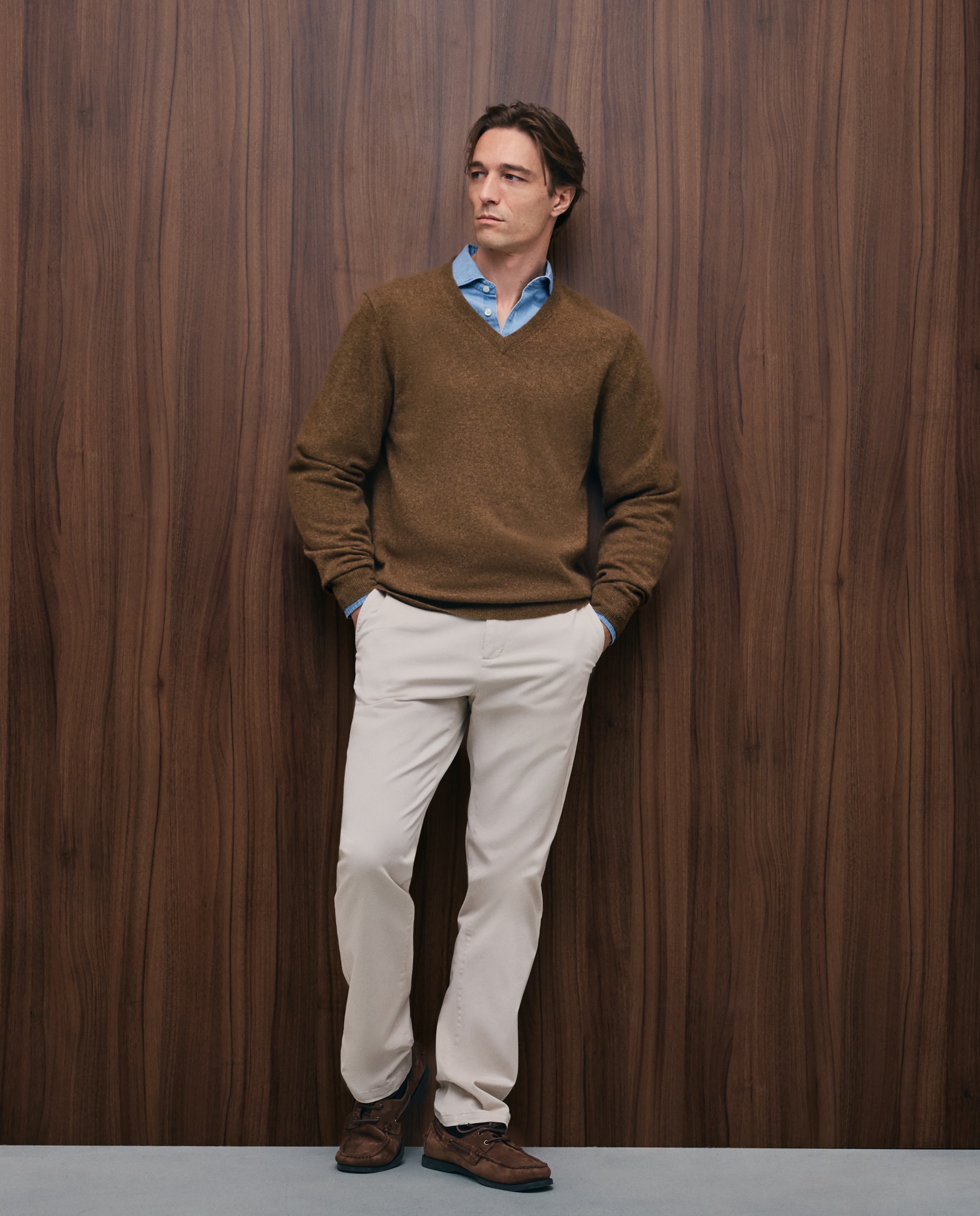 Jersey de hombre de cuello pico liso cashmere - Emidio Tucci - Marrón Marrón-2