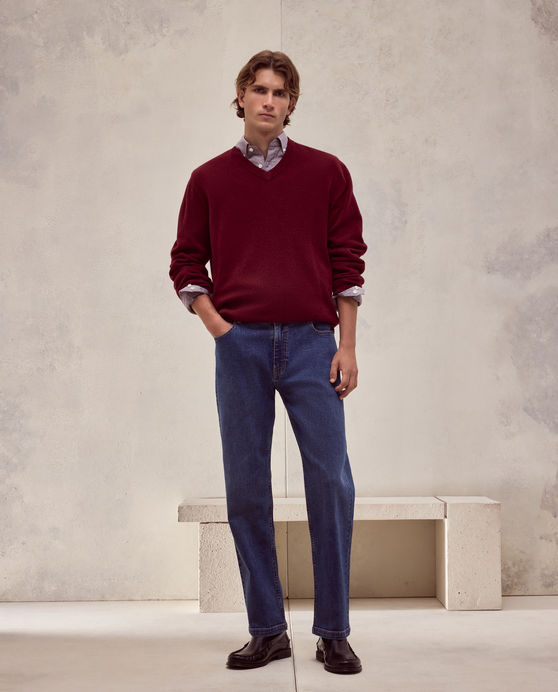 Imagen 1 de Jersey cuello pico liso100% lambswool de hombre - Dustin - Burdeos Burdeos