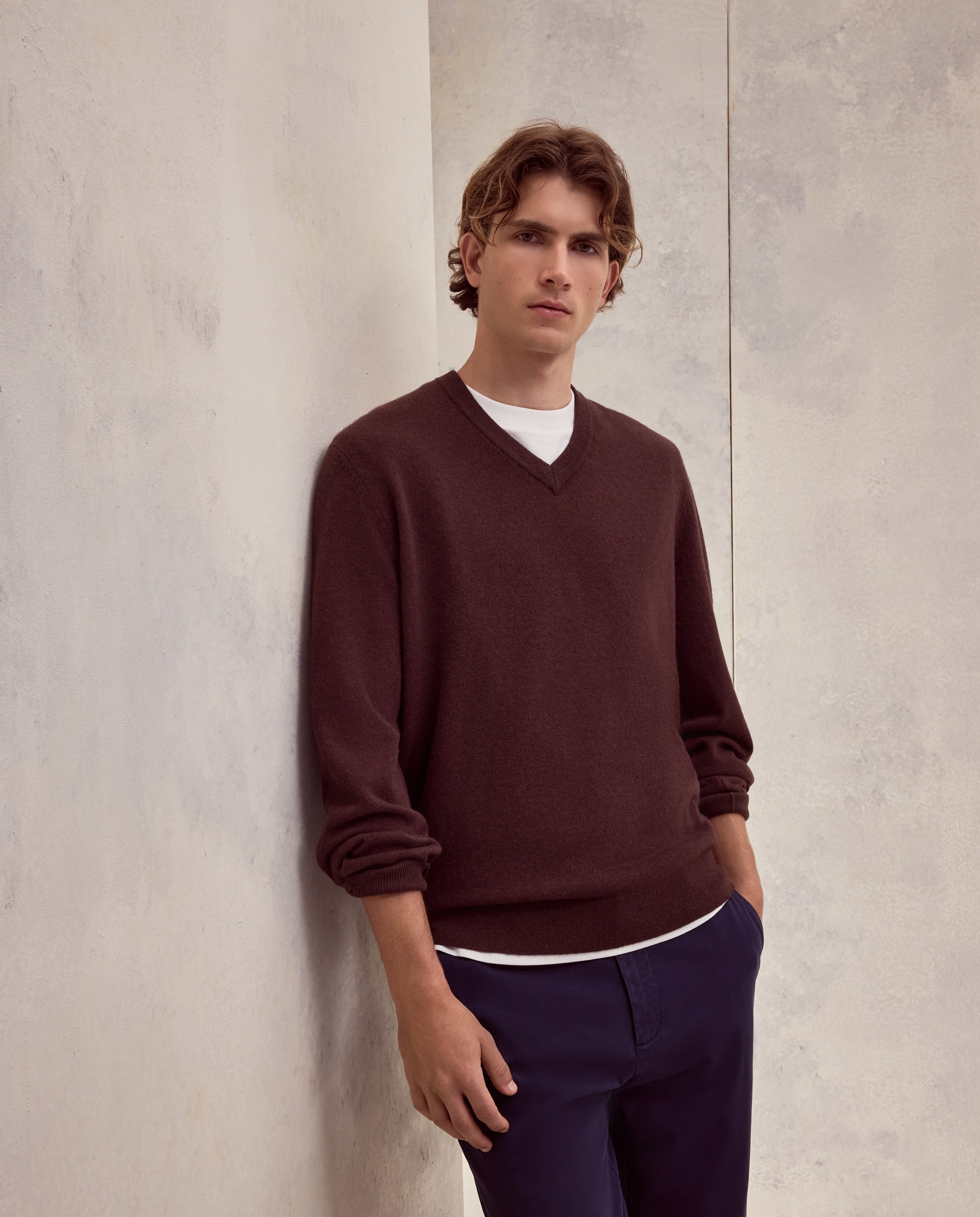 Imagen 1 de Jersey cuello pico liso100% lambswool de hombre - Dustin - Marrón Marrón