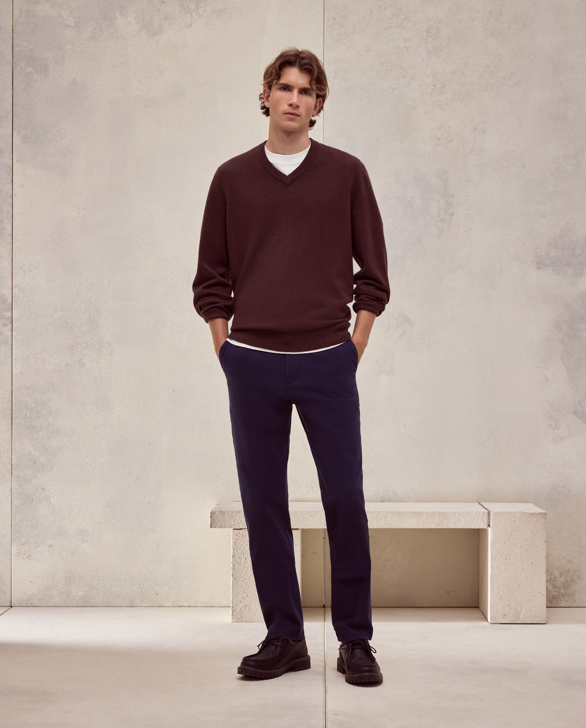 Imagen 2 de Jersey cuello pico liso100% lambswool de hombre - Dustin - Marrón Marrón