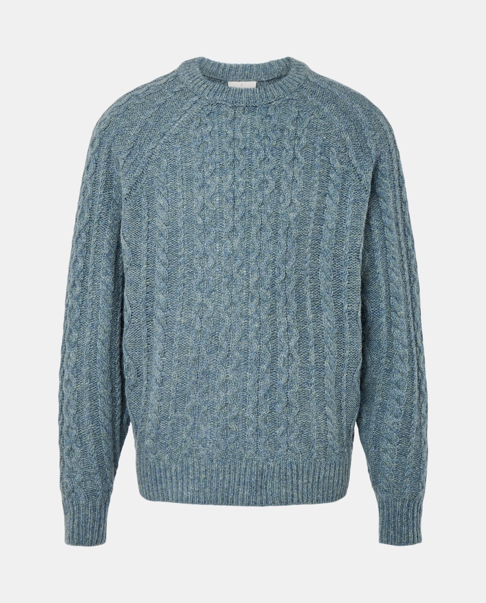 Camisola de Malha com Aran Shetland e Gola Redonda Azul-5