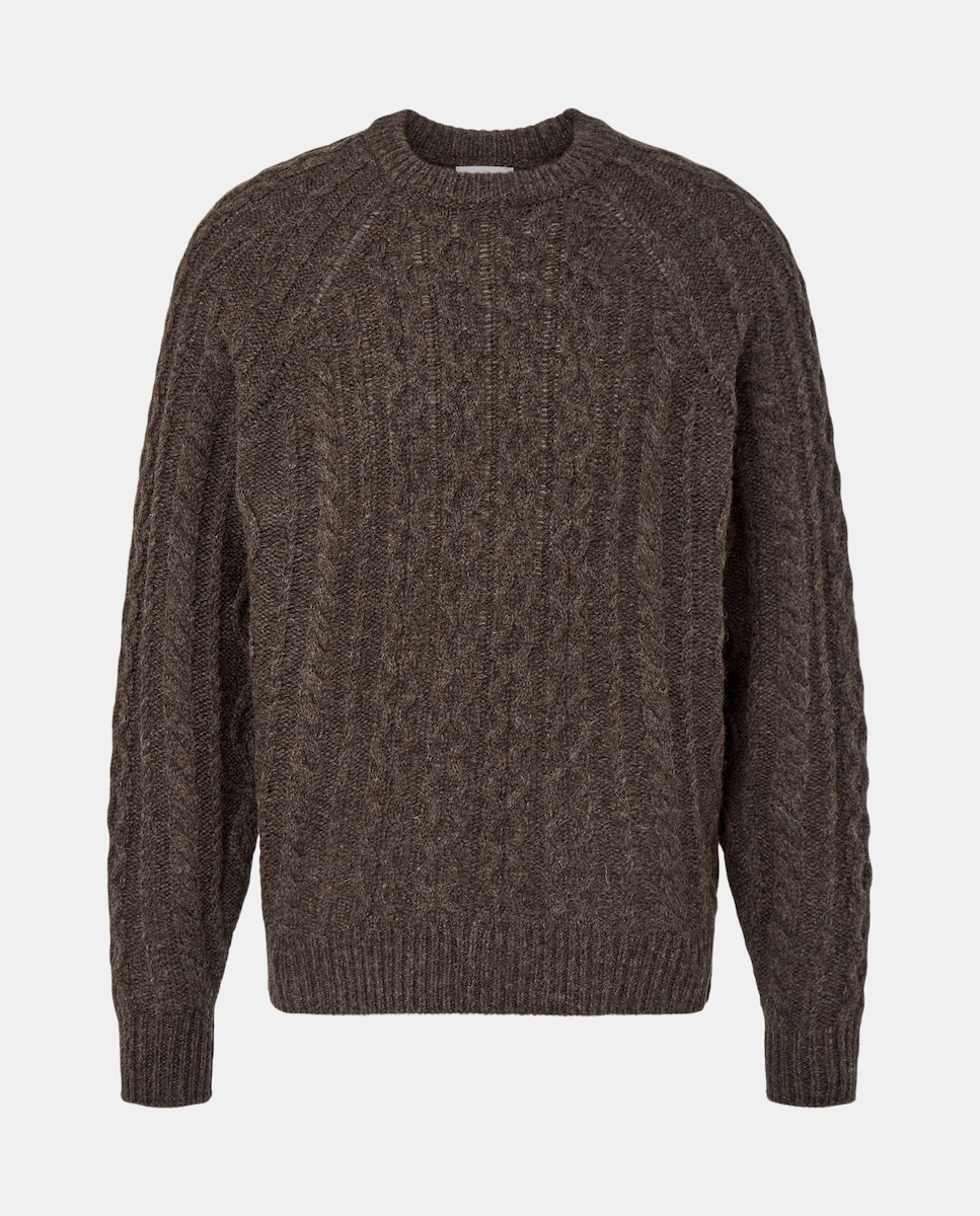 Camisola de Malha com Aran Shetland e Gola Redonda Castanho-5