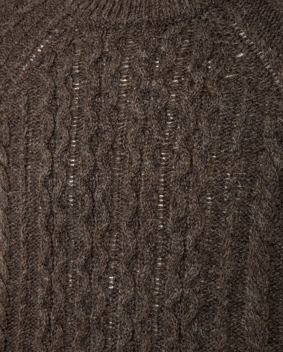 Camisola de Malha com Aran Shetland e Gola Redonda Castanho-6