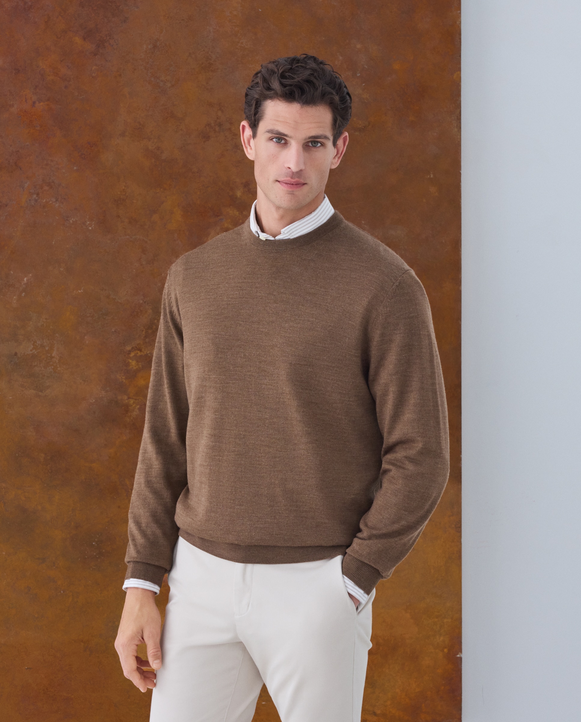 Jersey cuello redondo lavable 100% lana merino de hombre - Emidio Tucci - Marrón claro Marrón claro-1