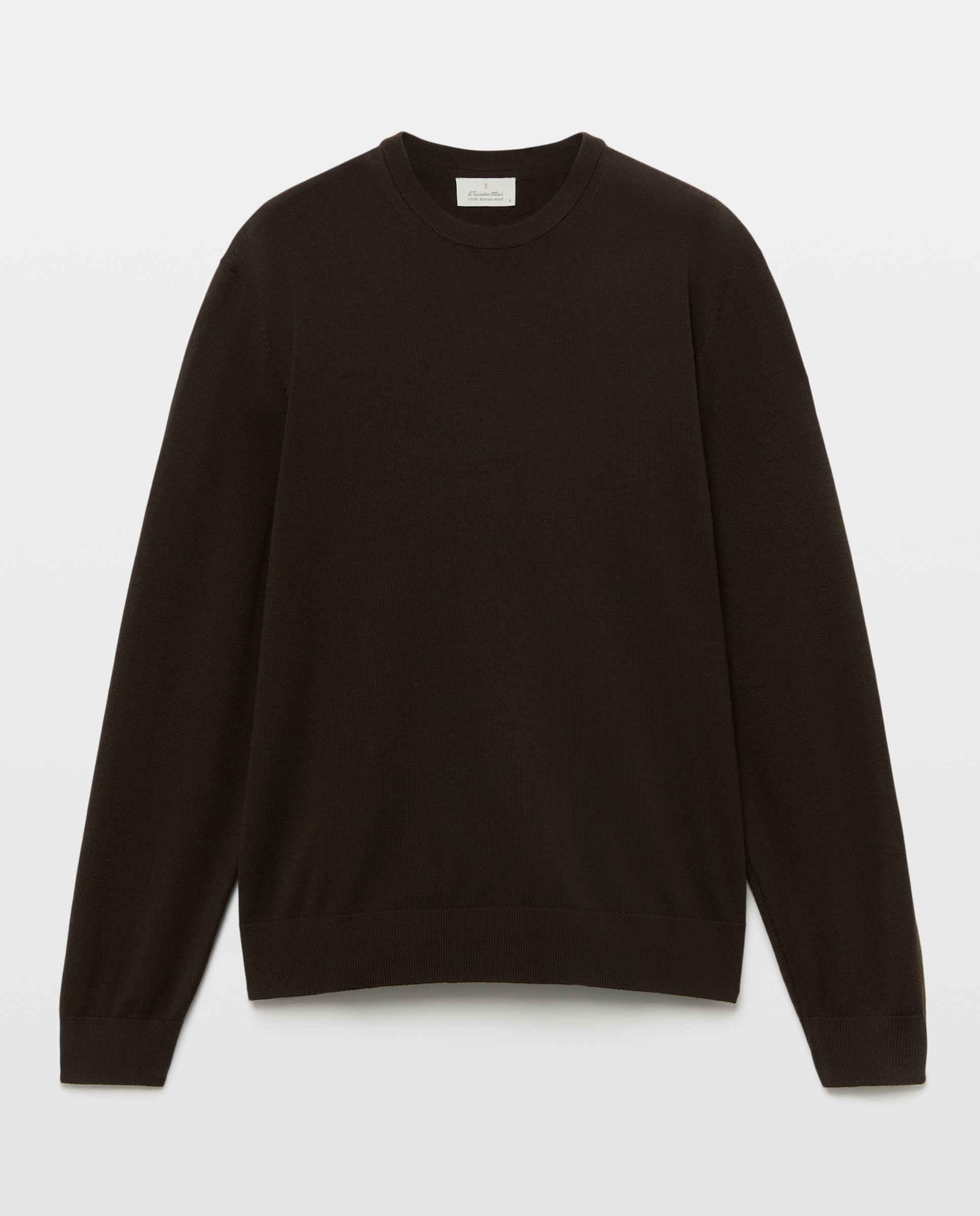 Camisola de Malha Lisa 100% Lã Merino com Decote Redondo Castanho-chocolate-4