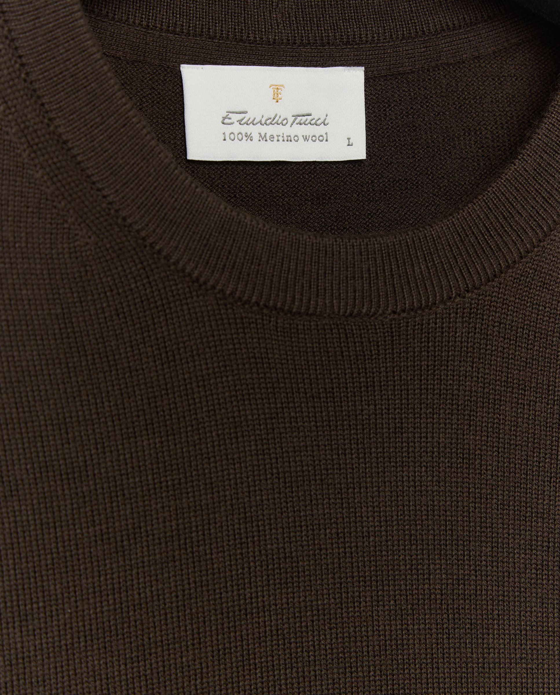 Camisola de Malha Lisa 100% Lã Merino com Decote Redondo Castanho-chocolate-5