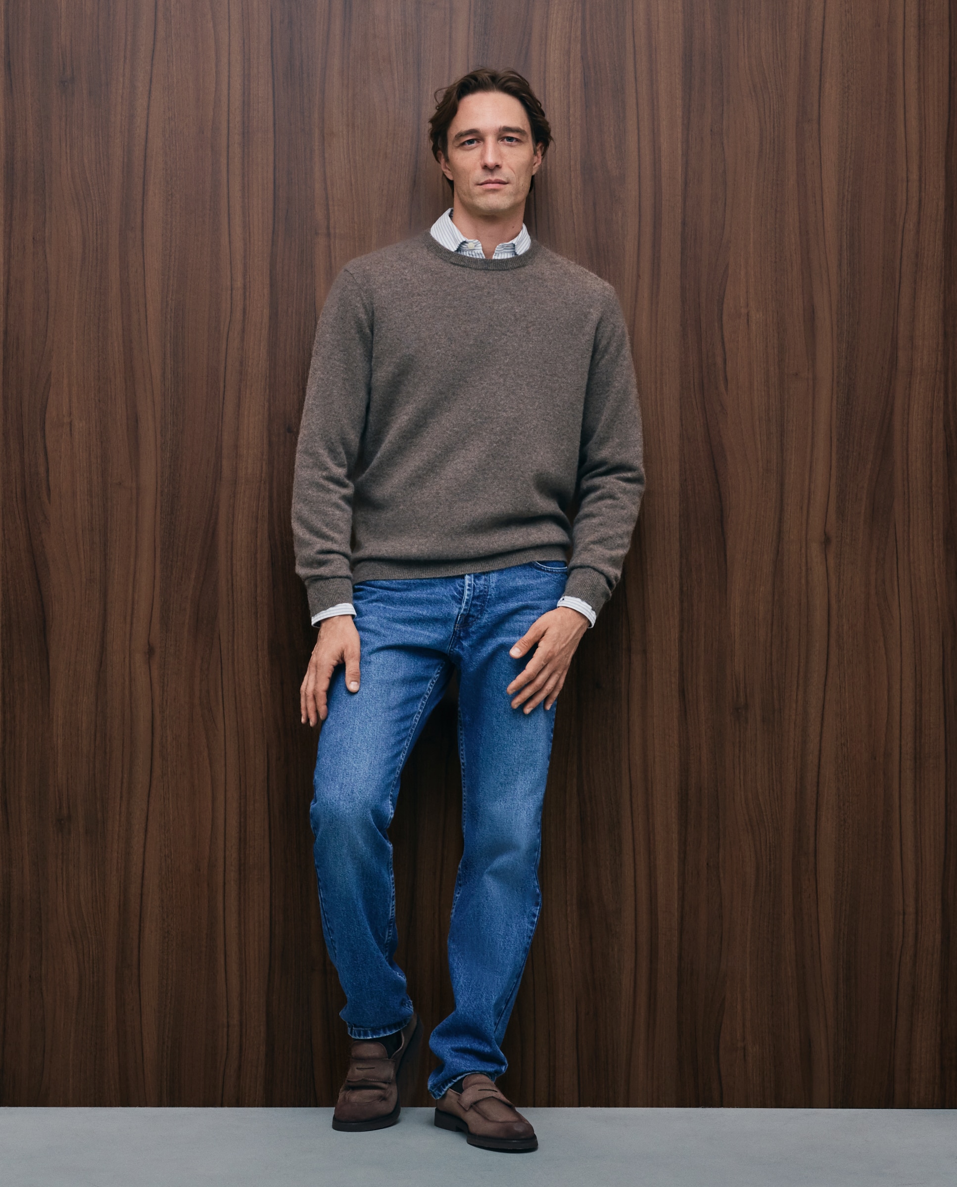 Jersey de hombre de cuello redondo liso cashmere - Emidio Tucci - Marrón claro Marrón claro-1