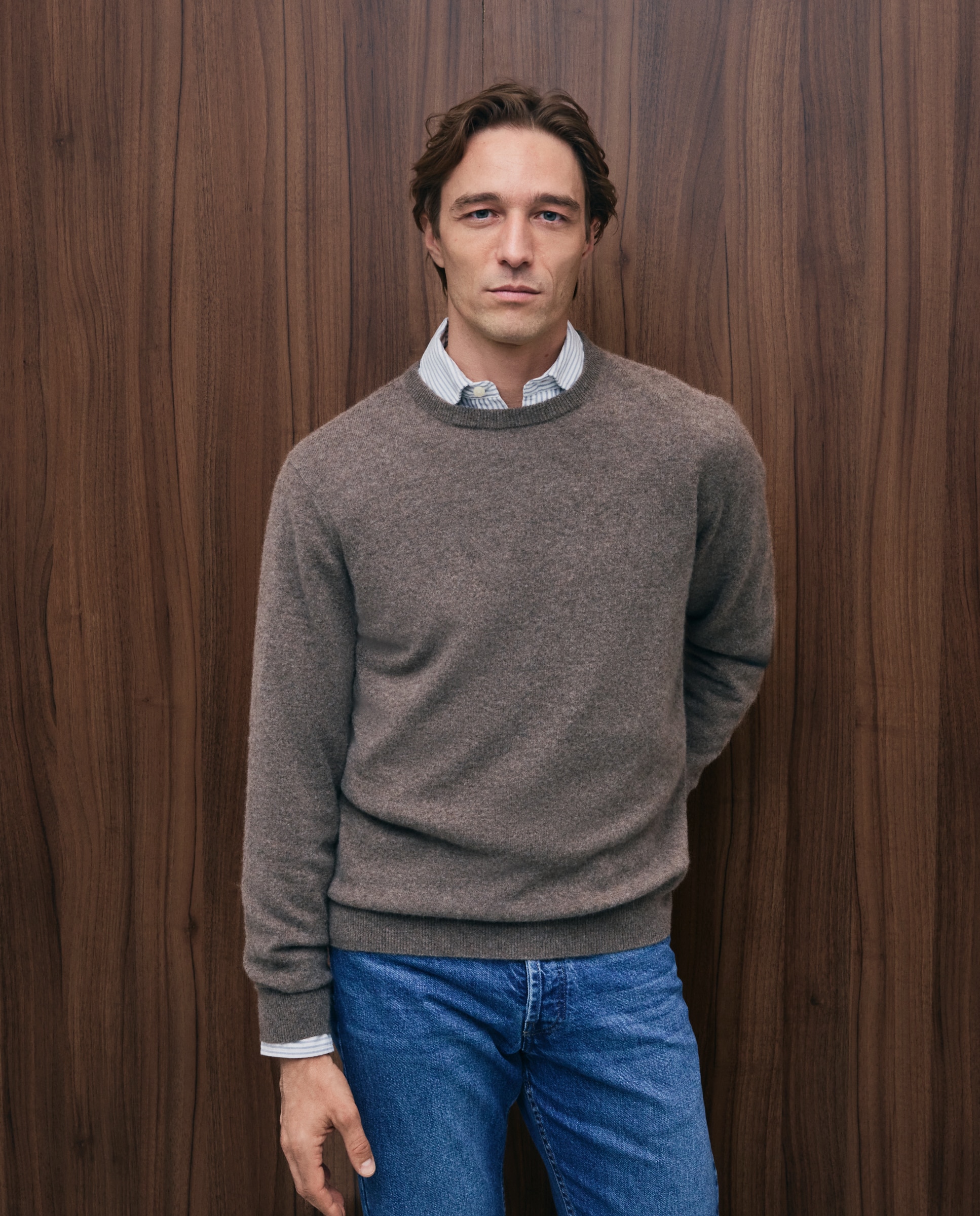 Jersey de hombre de cuello redondo liso cashmere - Emidio Tucci - Marrón claro Marrón claro-2