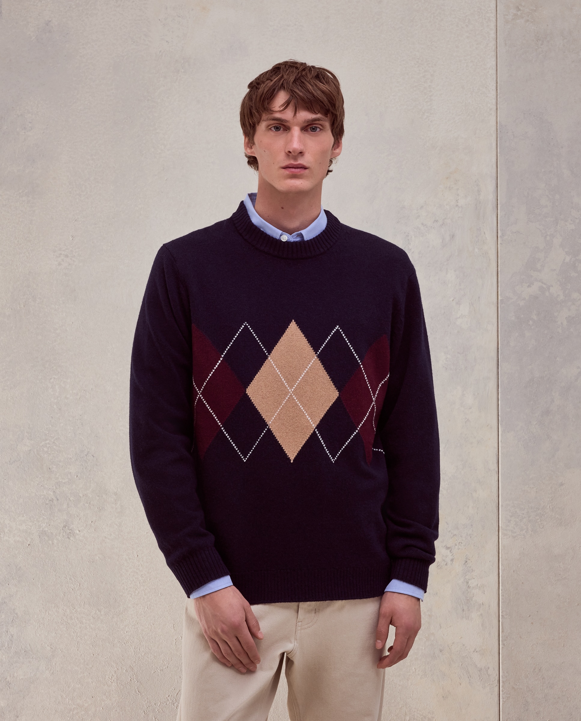 Jersey cuello redondo rombos lana - Dustin - cashmere de hombre - Azul marino Azul marino-1