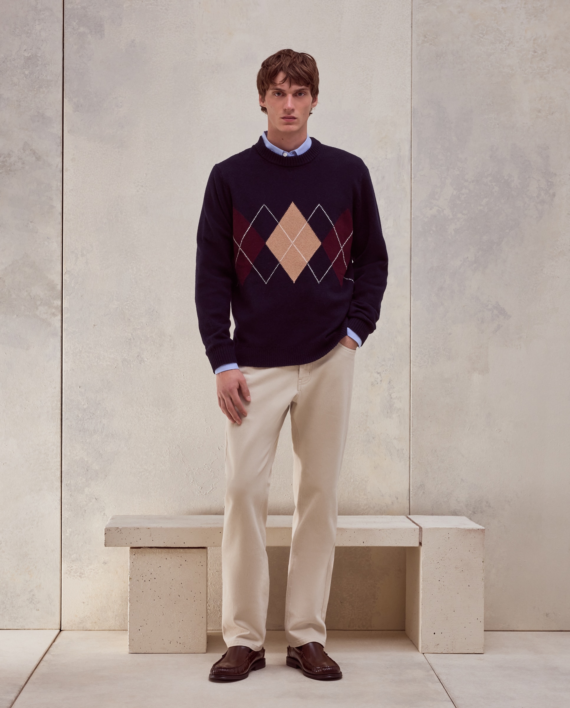 Jersey cuello redondo rombos lana - Dustin - cashmere de hombre - Azul marino Azul marino-2