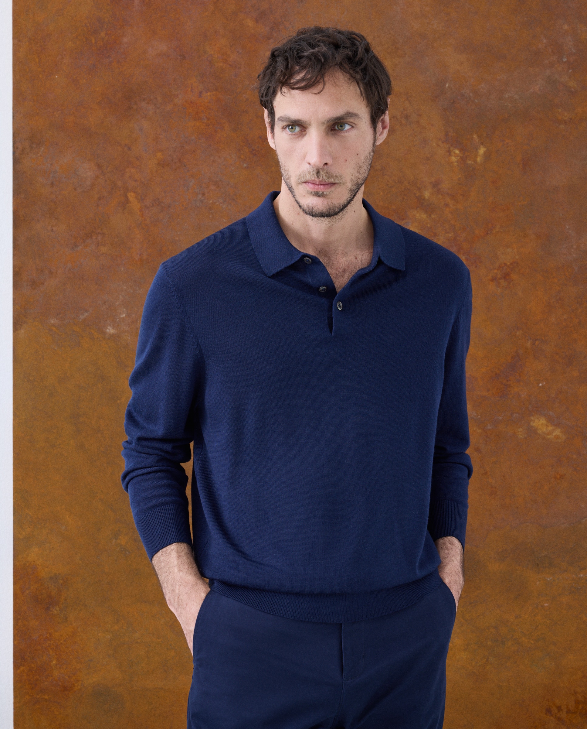Camisola de Malha 100% Merino Lisa com Colarinho de Polo com Fecho de Correr Azul-marinho-2