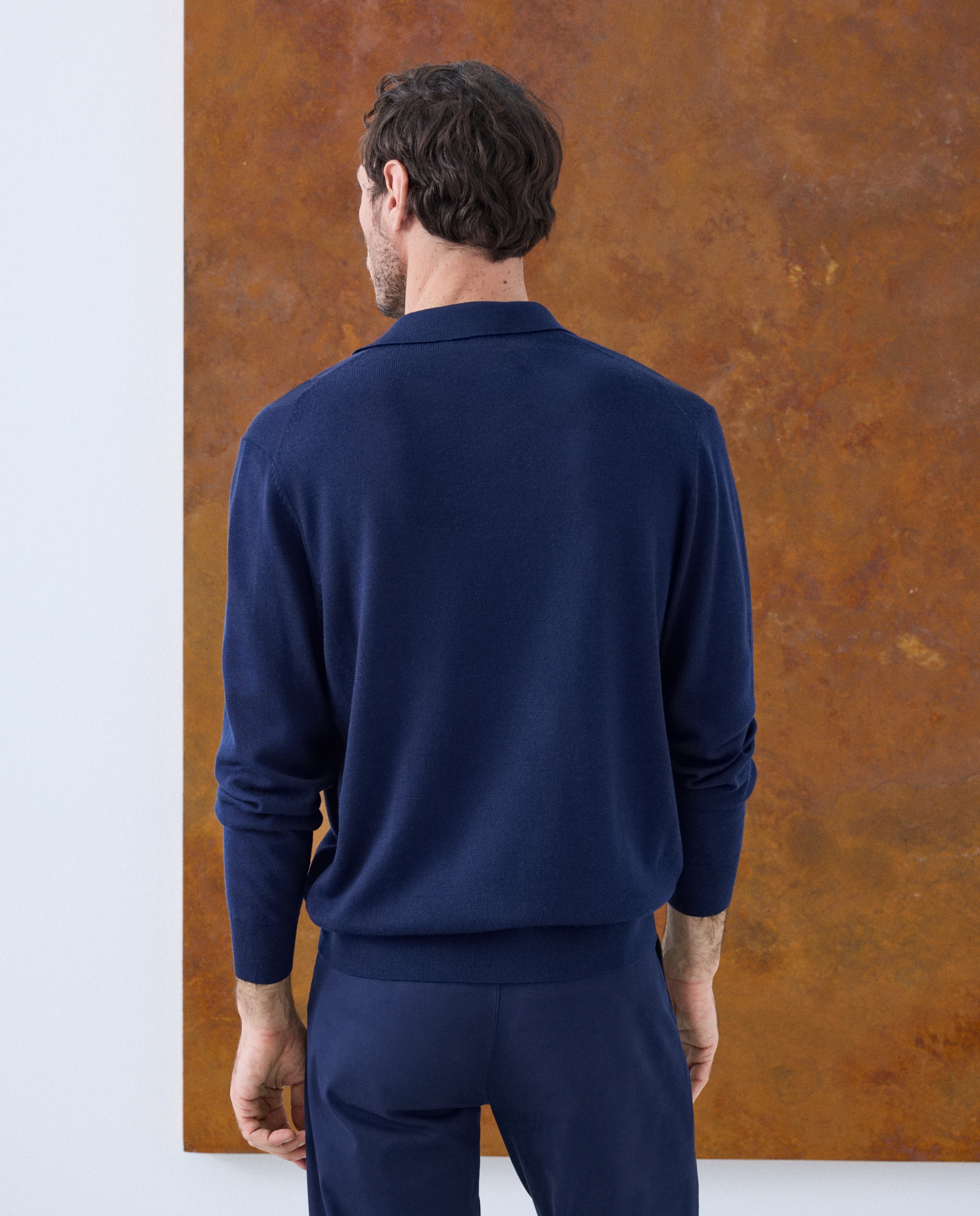 Camisola de Malha 100% Merino Lisa com Colarinho de Polo com Fecho de Correr Azul-marinho-3