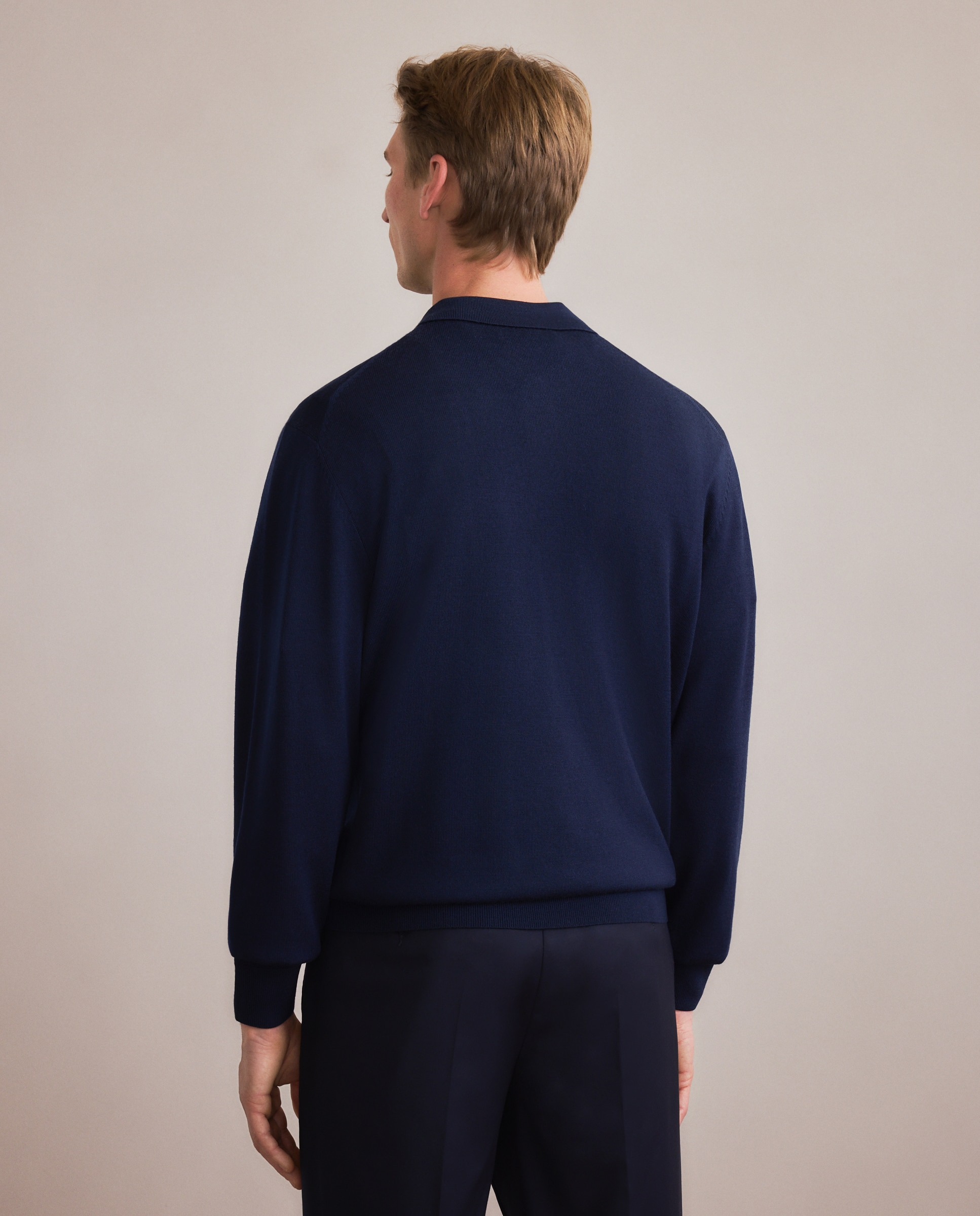 Camisola de Malha 100% Merino Lisa com Colarinho de Polo com Fecho de Correr Azul-marinho-4