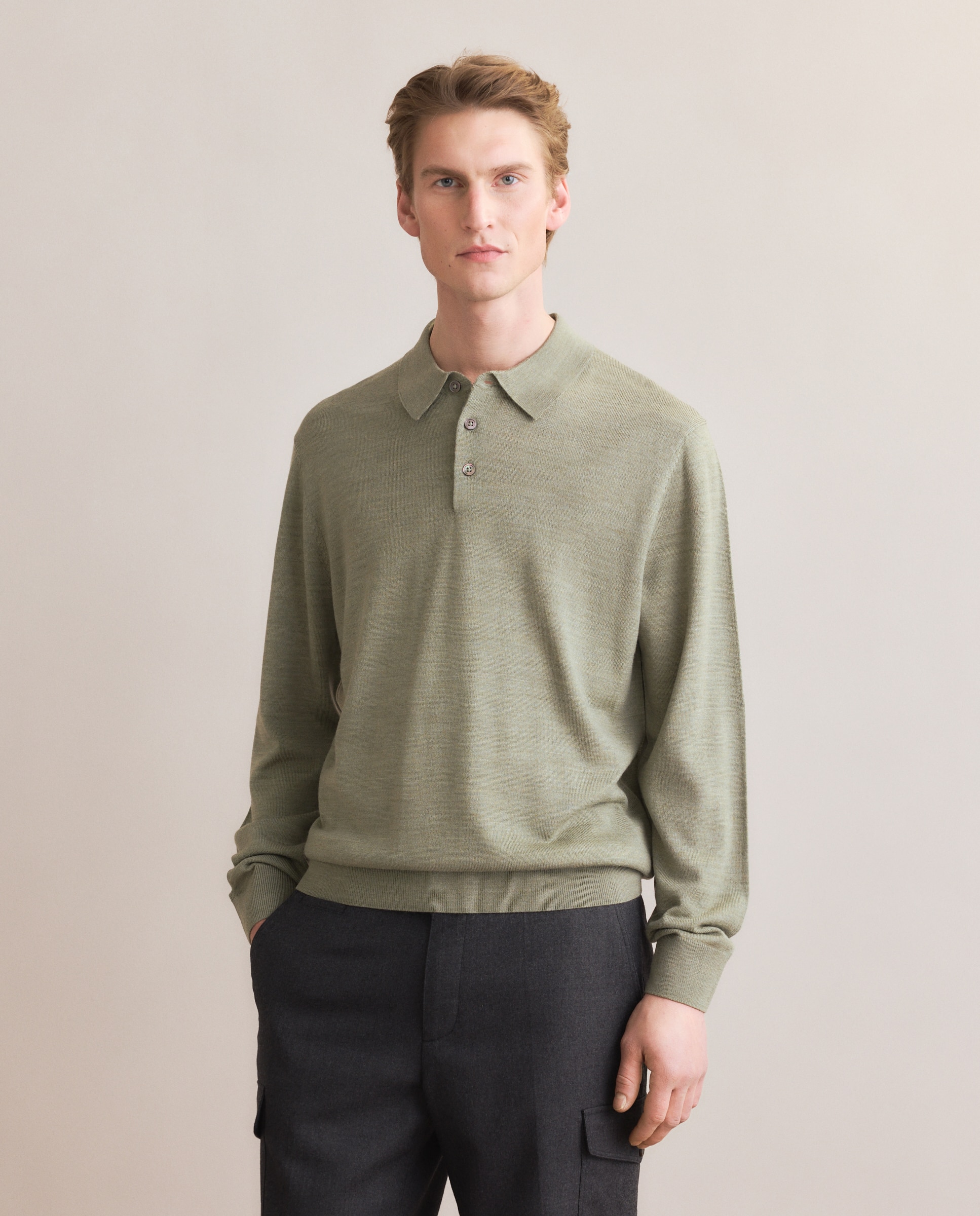 Camisola de Malha de Lã Merino Lisa com Colarinho de Polo com Botões Verde-claro-2