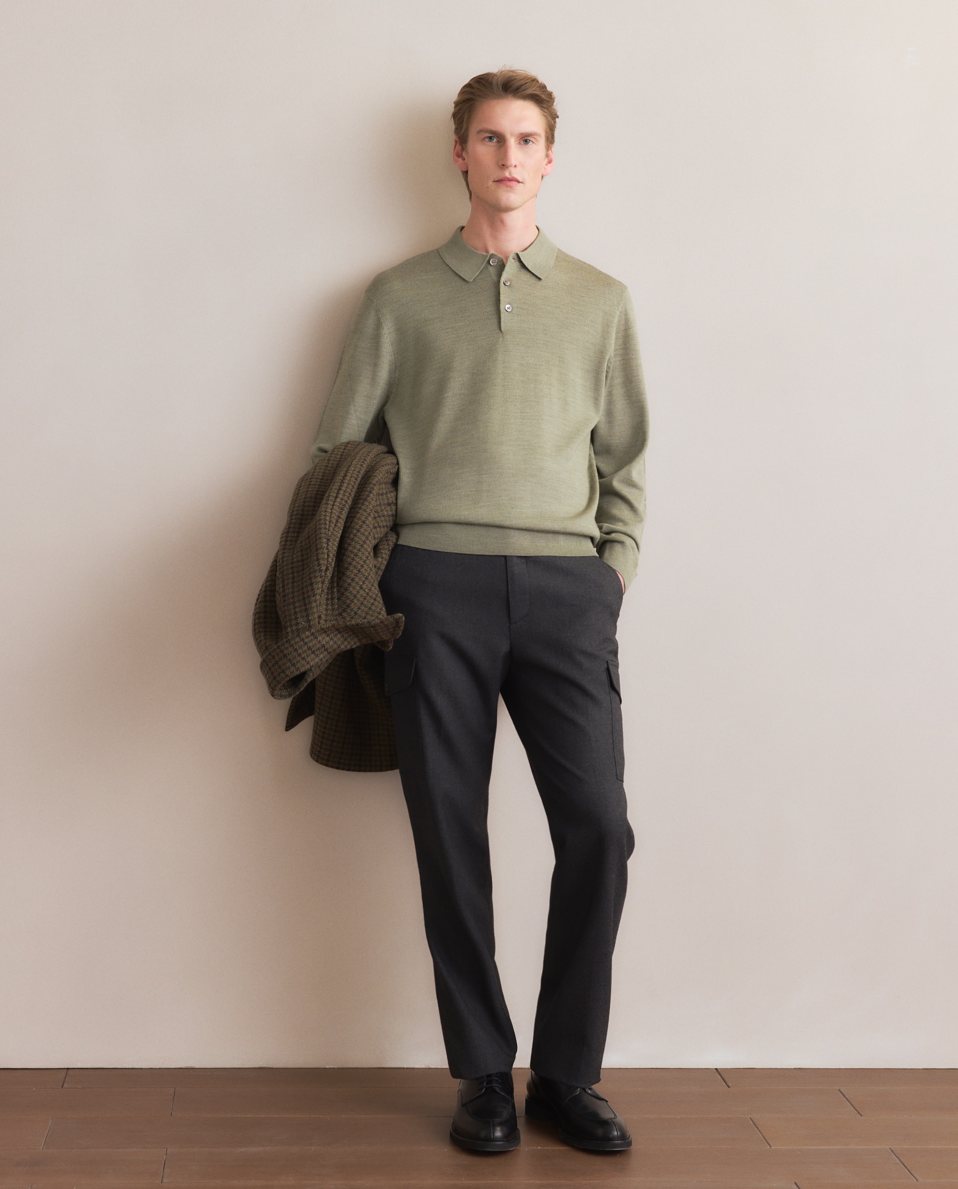 Camisola de Malha de Lã Merino Lisa com Colarinho de Polo com Botões Verde-claro-3
