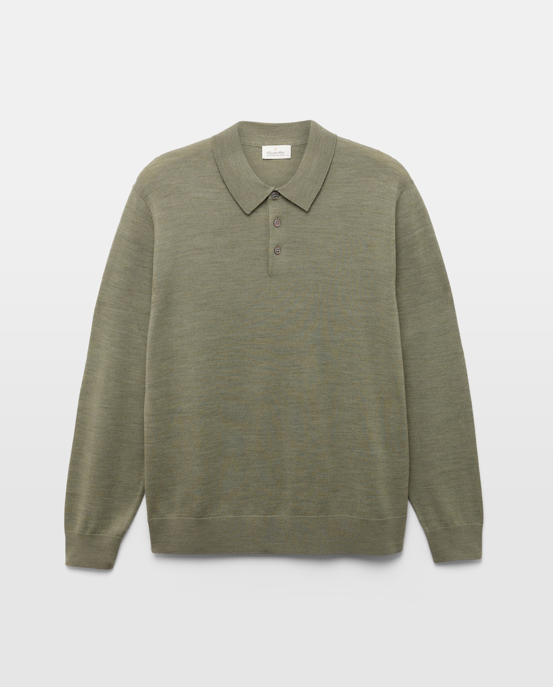Camisola de Malha de Lã Merino Lisa com Colarinho de Polo com Botões Verde-claro-5